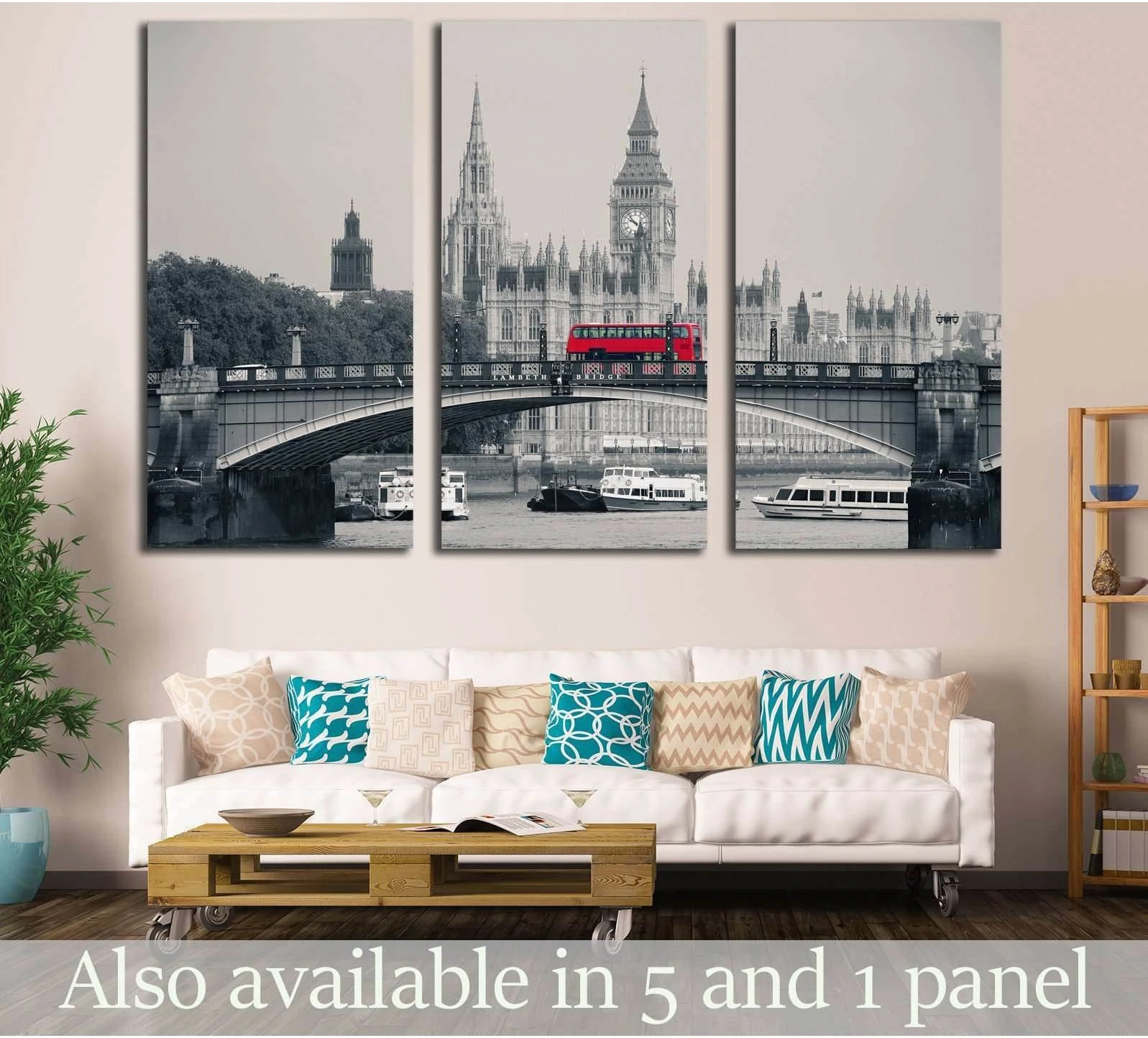 Big Ben triptych canvas print with red London bus over Westminster Bridge, hung above a sofa