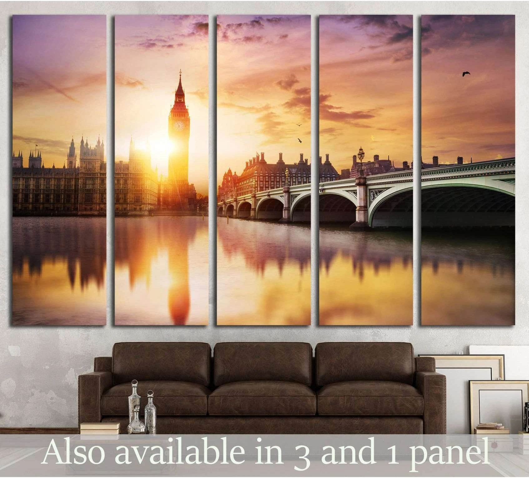 Big Ben and Westminster Bridge sunrise canvas print above sofa in a modern living room