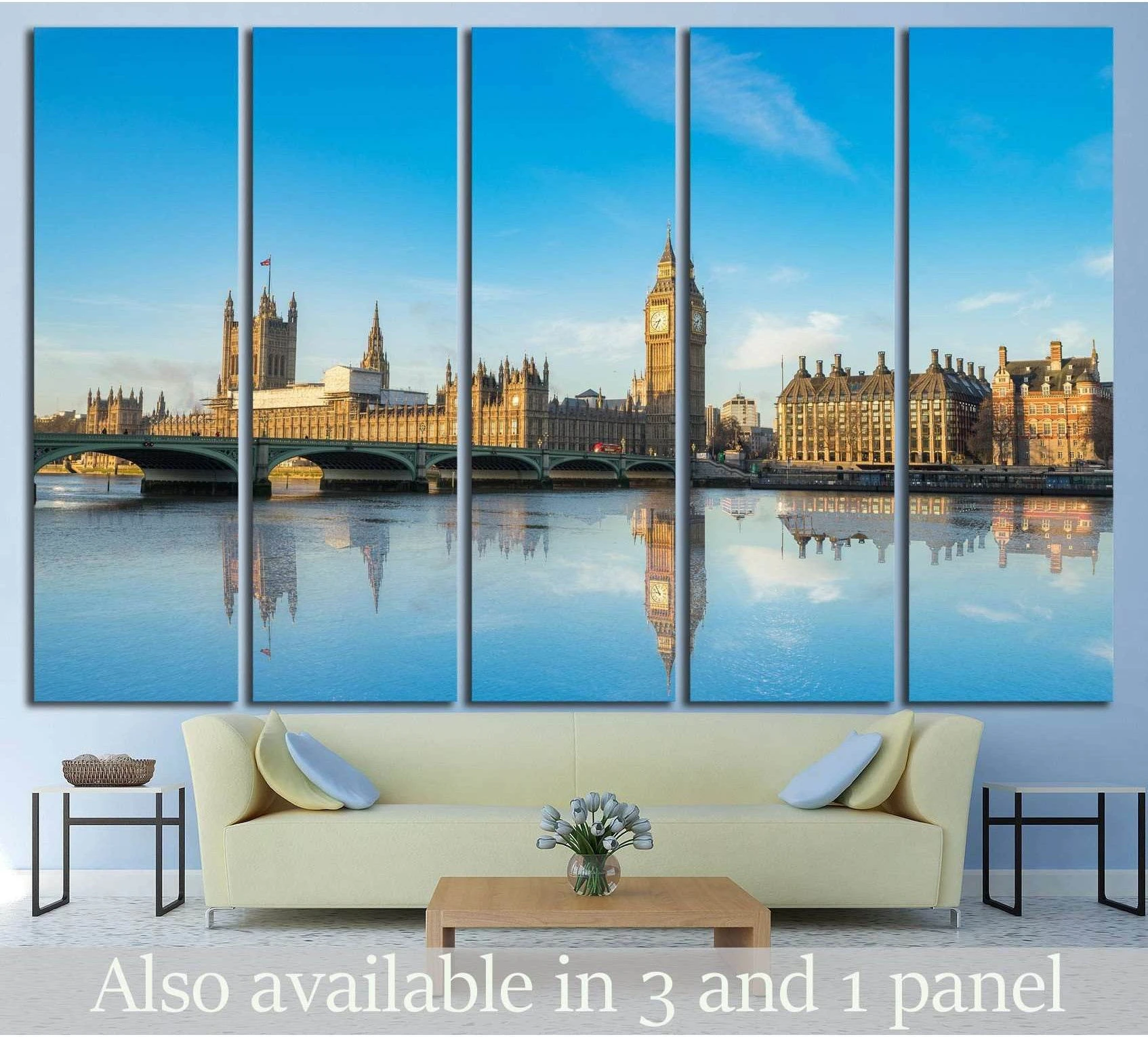 Big Ben and Westminster canvas print reflected in the Thames, displayed above a sofa