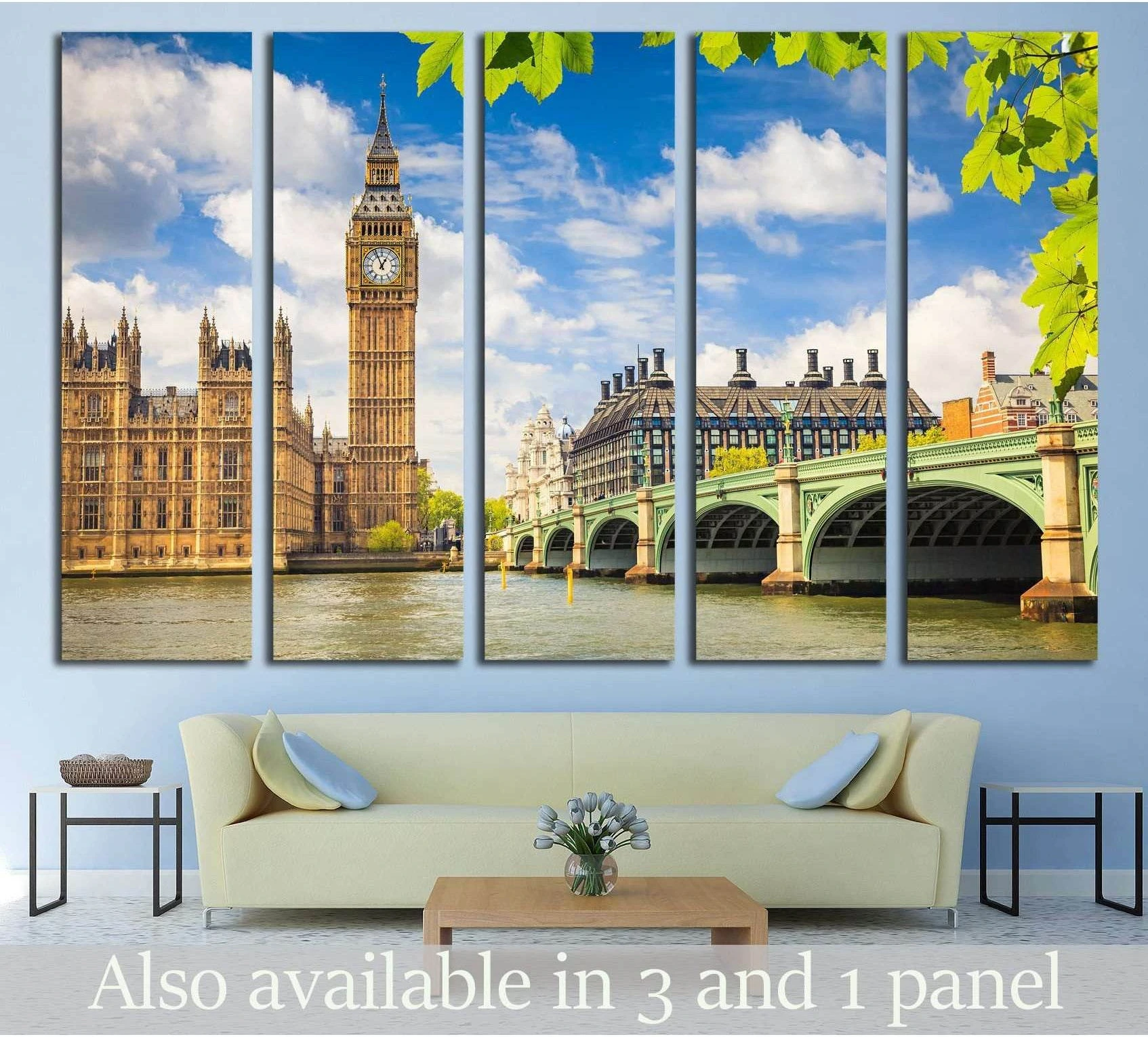 Big Ben and Westminster Bridge multi-panel canvas print above sofa in a modern living room