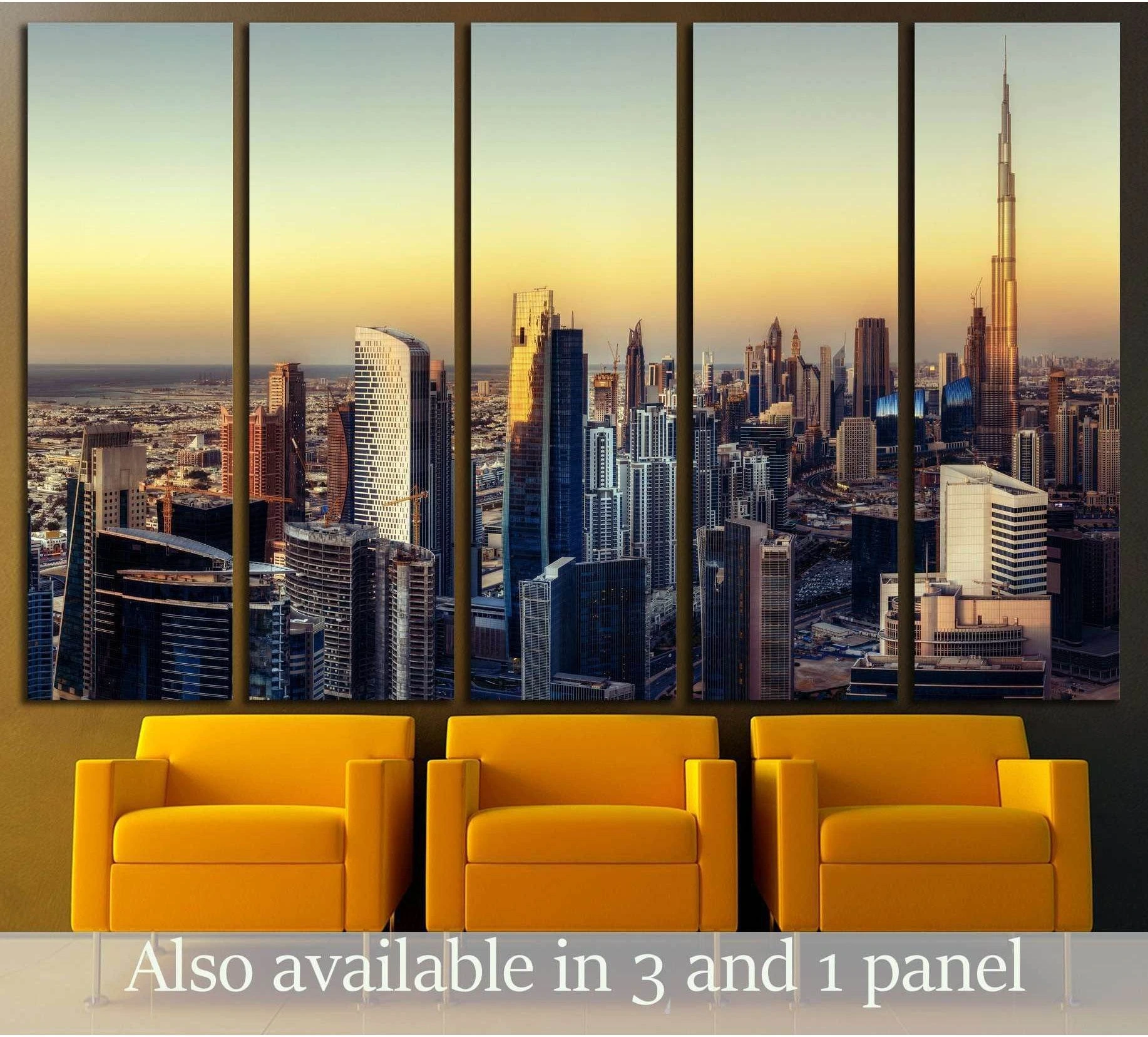 Dubai skyline canvas print with Burj Khalifa at sunset, displayed as multi-panel wall art above chairs