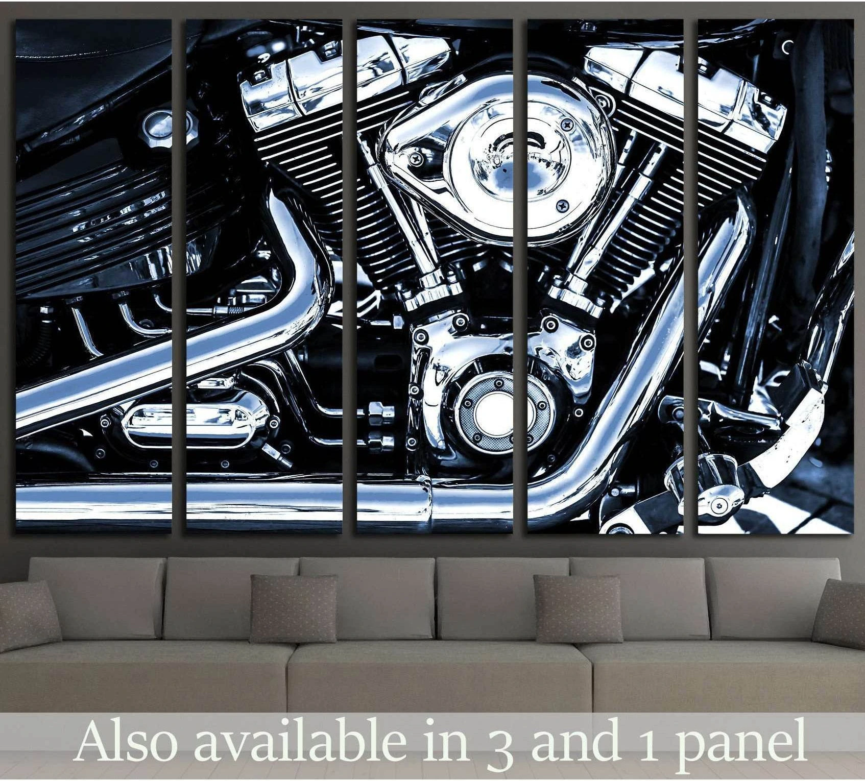 Chrome motorcycle engine multi-panel canvas print above sofa in a modern industrial living room