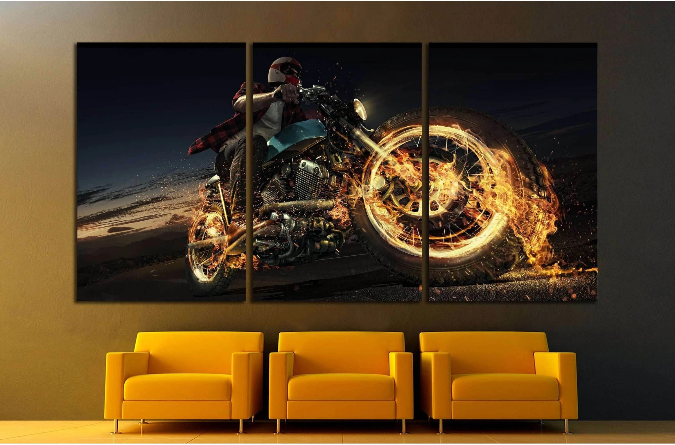Biker riding motorcycle on an empty road at the night. Fire and energy №1879 Ready to Hang Canvas Print - Zellart Canvas Prints ALL_Products, s-1879