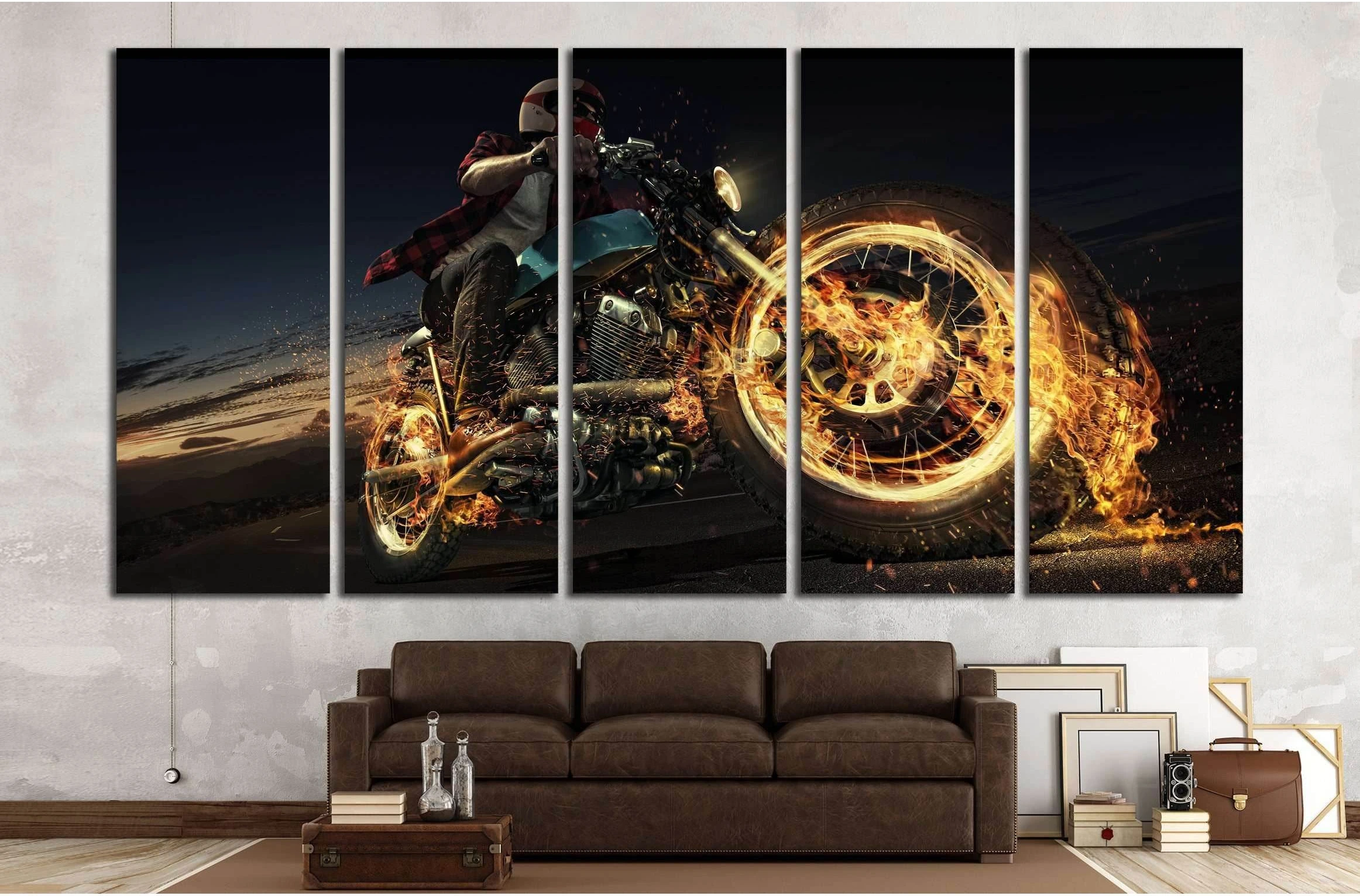 Biker riding motorcycle on an empty road at the night. Fire and energy №1879 Ready to Hang Canvas Print - Zellart Canvas Prints ALL_Products, s-1879