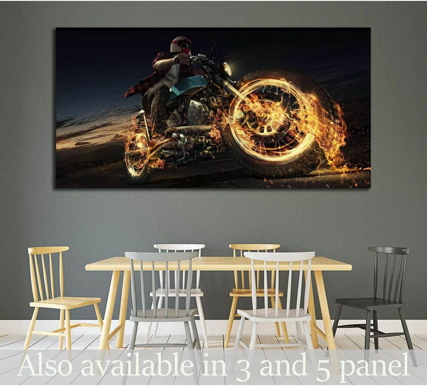 Biker motorcycle canvas print with flaming wheels on a dark road at night above a dining table