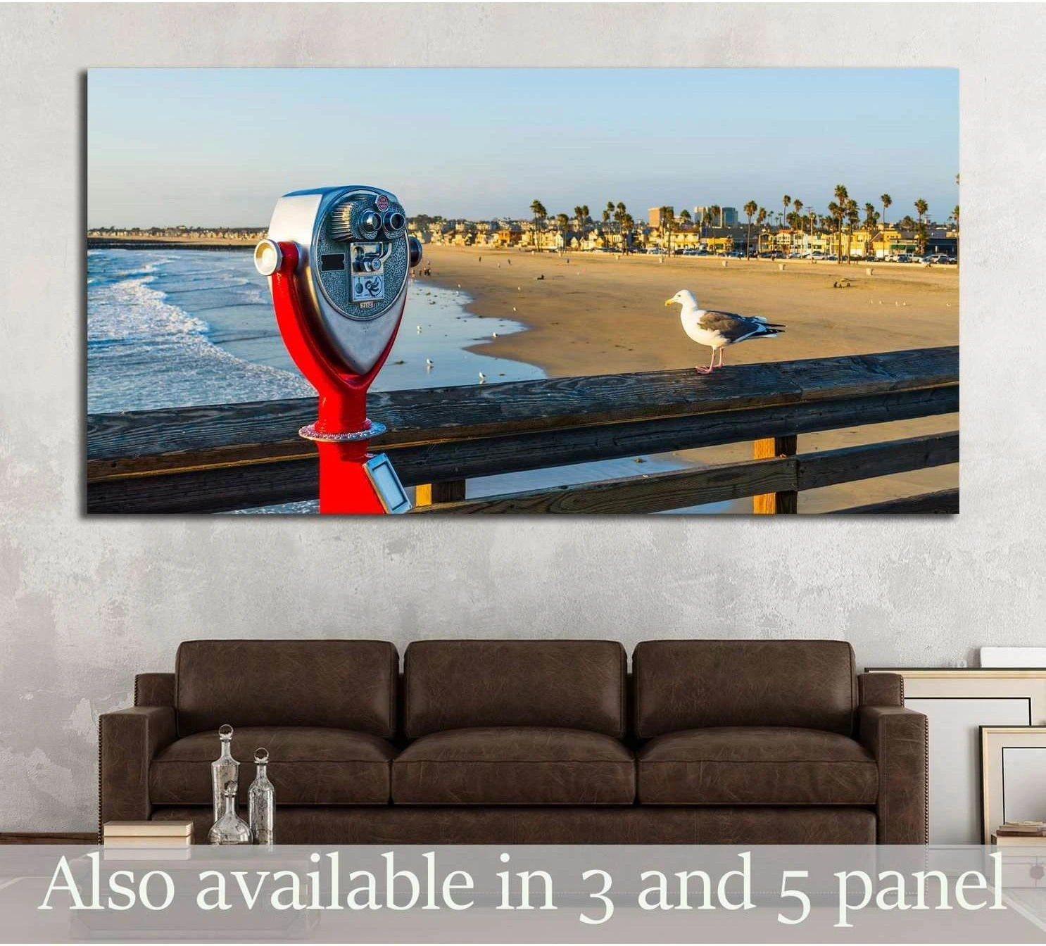 Red binocular viewer and seagull on Newport Beach pier canvas print above a sofa
