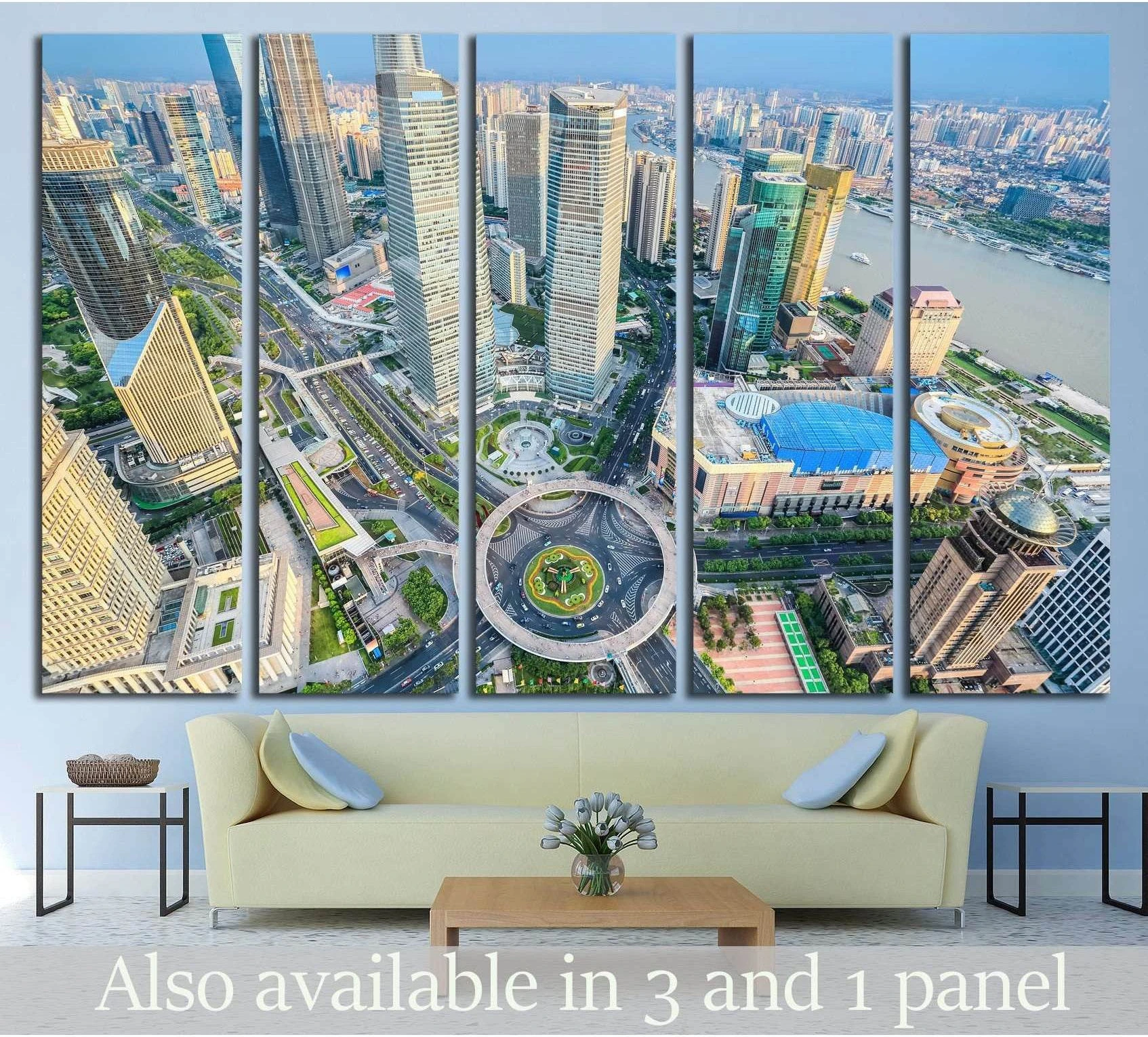 Bird's-eye view of Shanghai Pudong skyscrapers and river as multi-panel canvas print