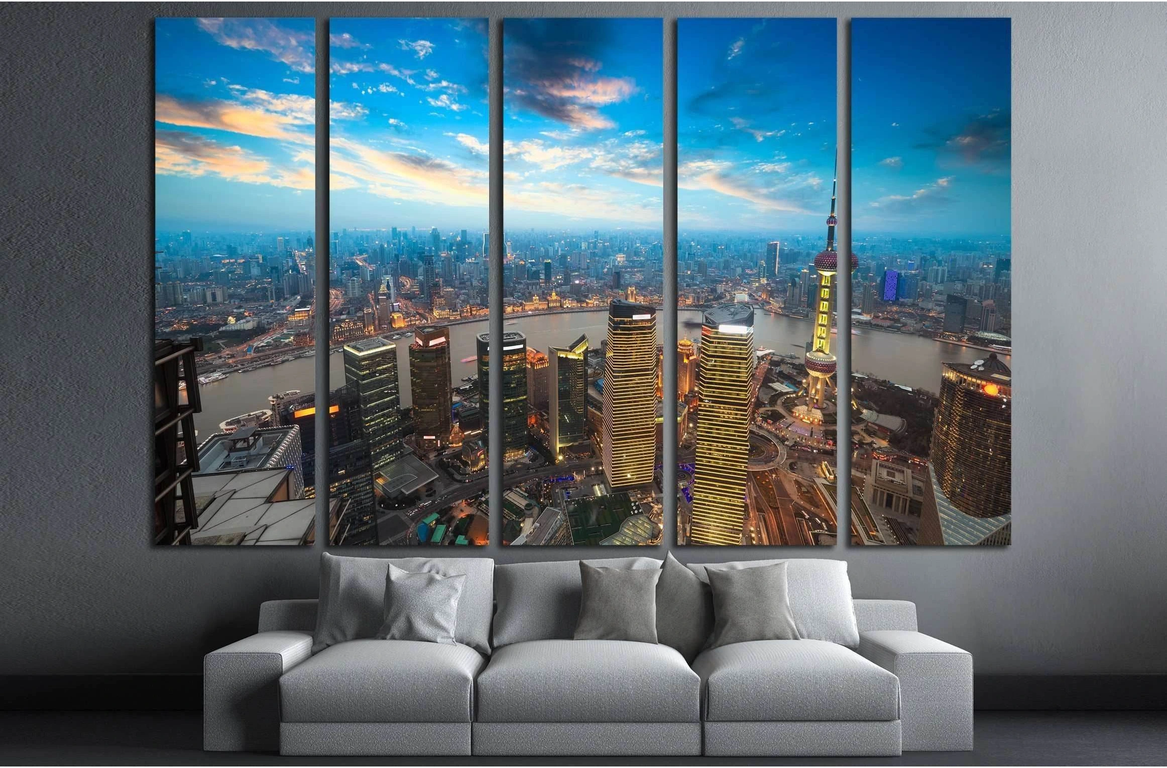 bird's eye view of shanghai in sunset №2247 Ready to Hang Canvas Print - Zellart Canvas Prints ALL_Products, s-2247