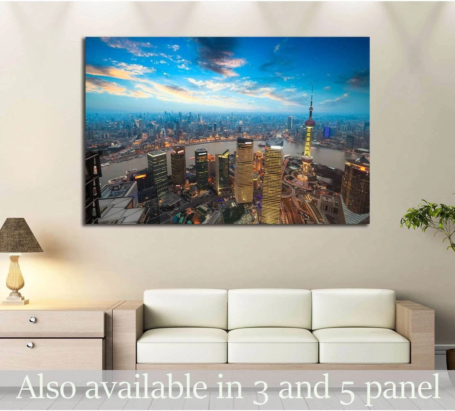 Shanghai skyline canvas print with sunset aerial view above sofa in a modern living room