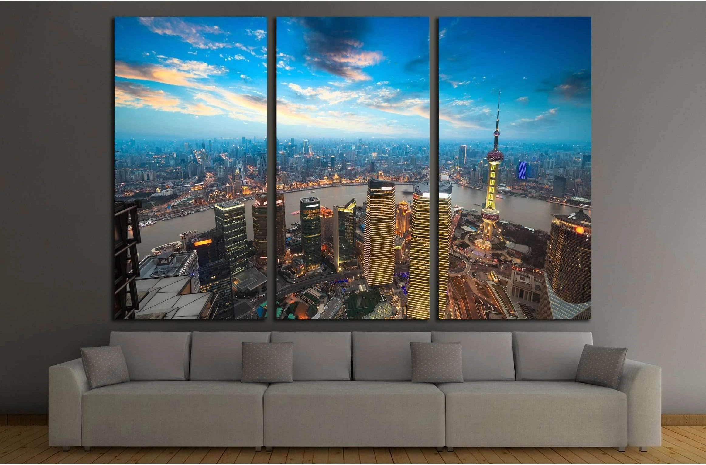 bird's eye view of shanghai in sunset №2247 Ready to Hang Canvas Print - Zellart Canvas Prints ALL_Products, s-2247