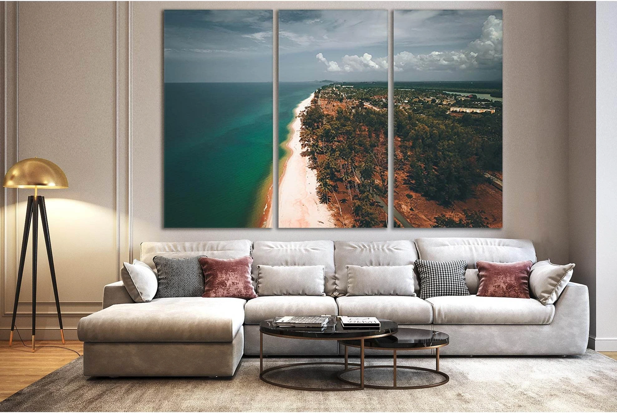 Coastal Aerial Beach Triptych Canvas Print with Blue Sea selected as large coastal wall art with structure with a multi-panel large seascape format.