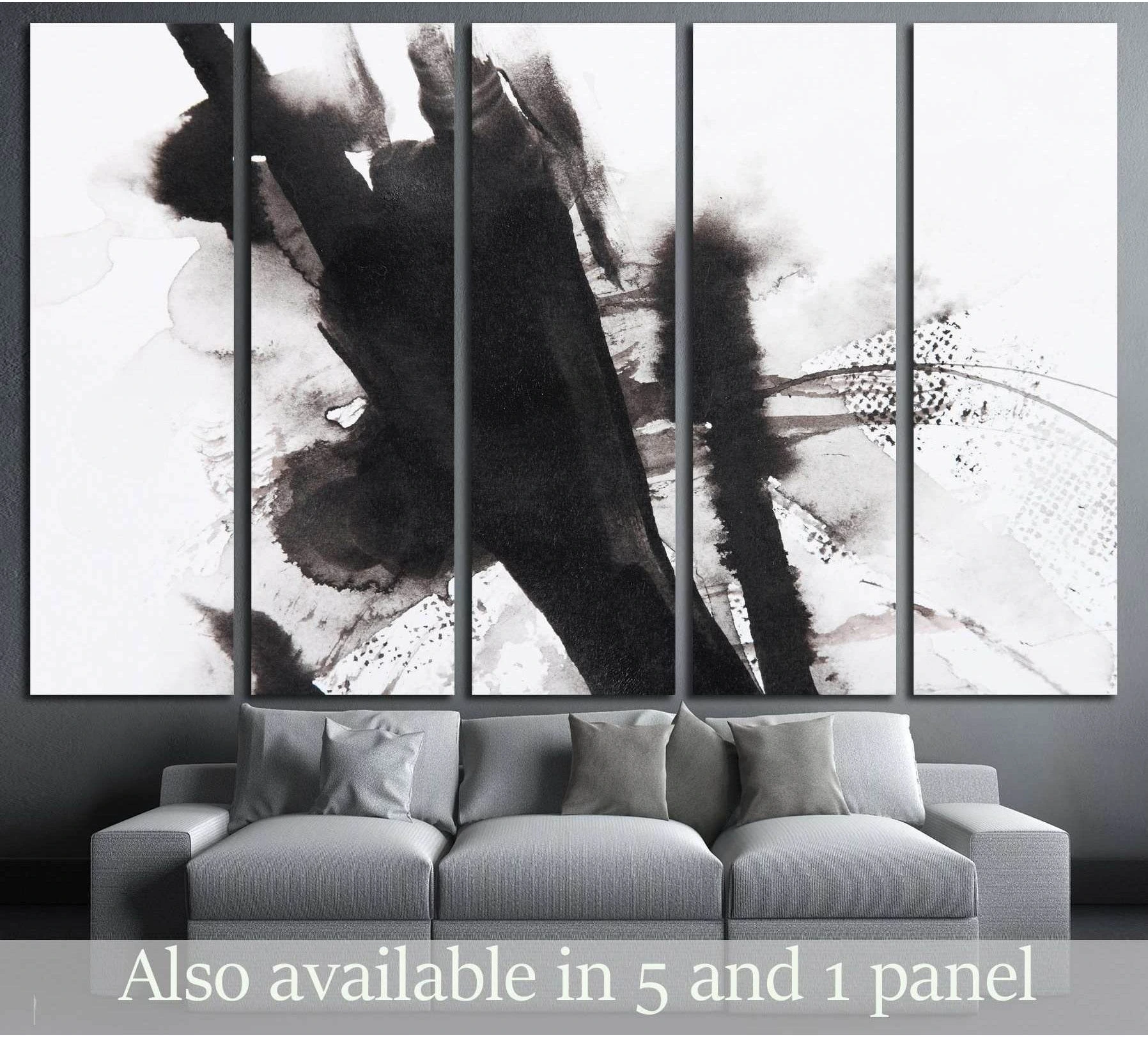 Abstract black and white painting with a central composition of thick, dark, and impasto brushstrokes and a background of white or light- or black-