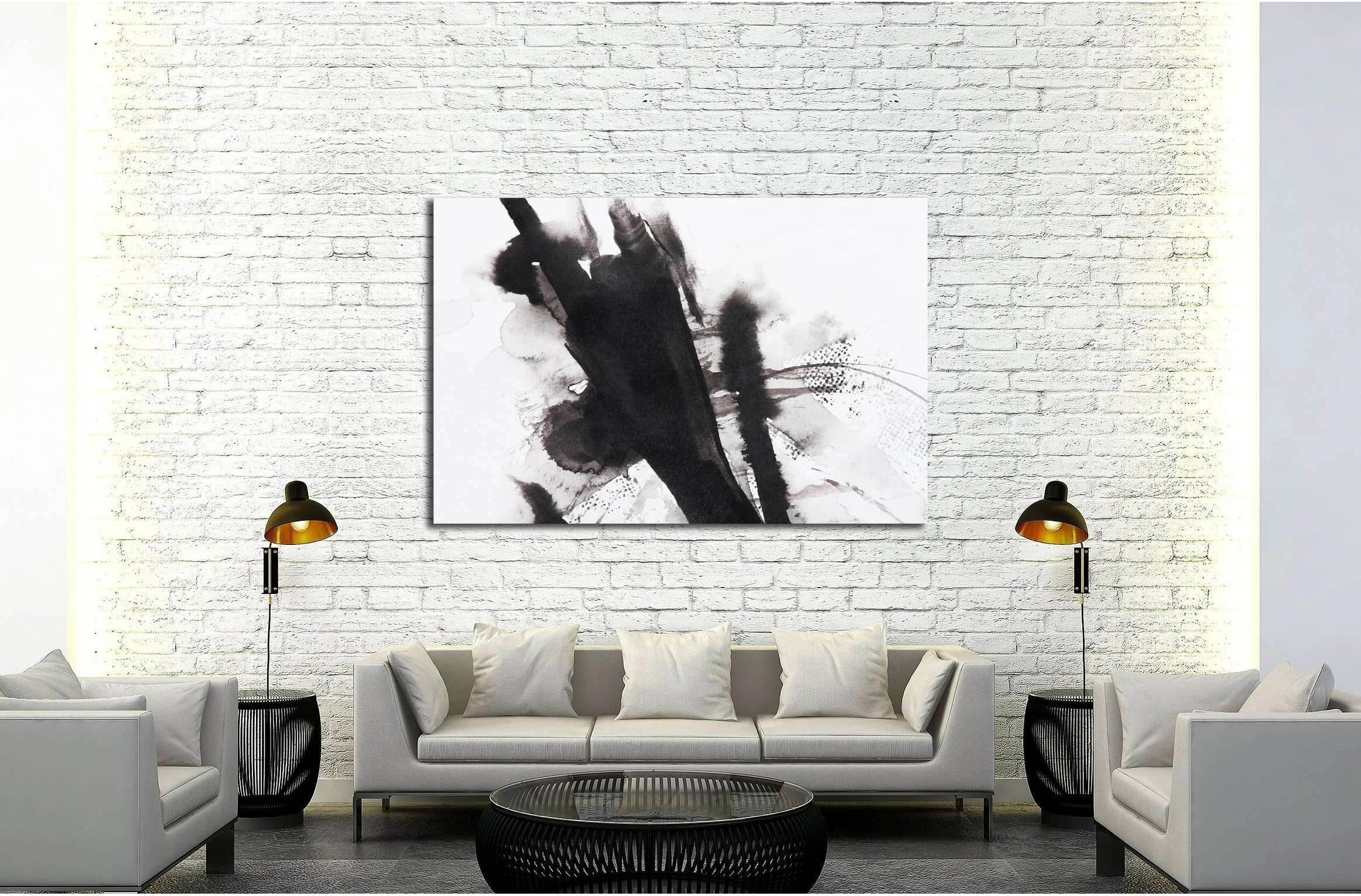 Abstract black and white painting with a central composition of thick, dark, and impasto brushstrokes and a background of white or light- or black-,