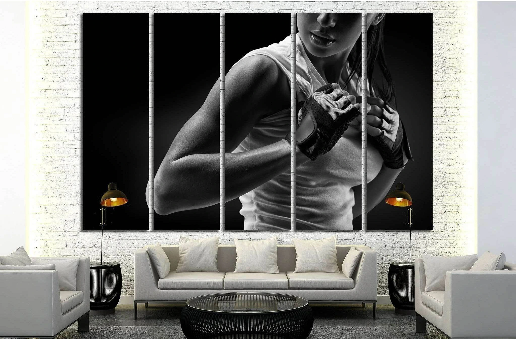 Black and white fitness athletic young woman, deltoid muscle №1386 Ready to Hang Canvas Print - Zellart Canvas Prints ALL_Products, s-1386