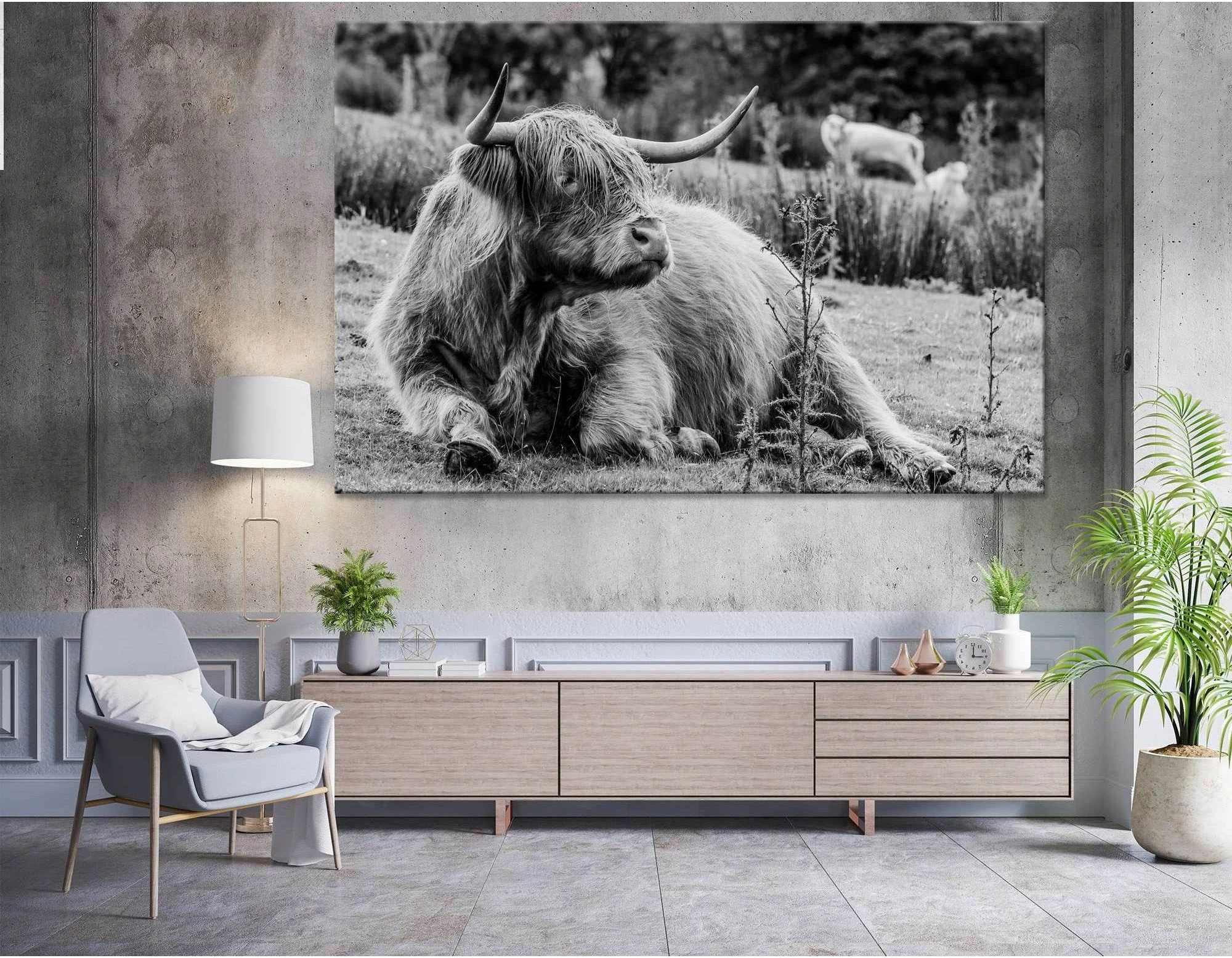 Black & White Highland Cow №04130 Ready to Hang Canvas Print - Zellart Canvas Prints ALL_Products, Cow