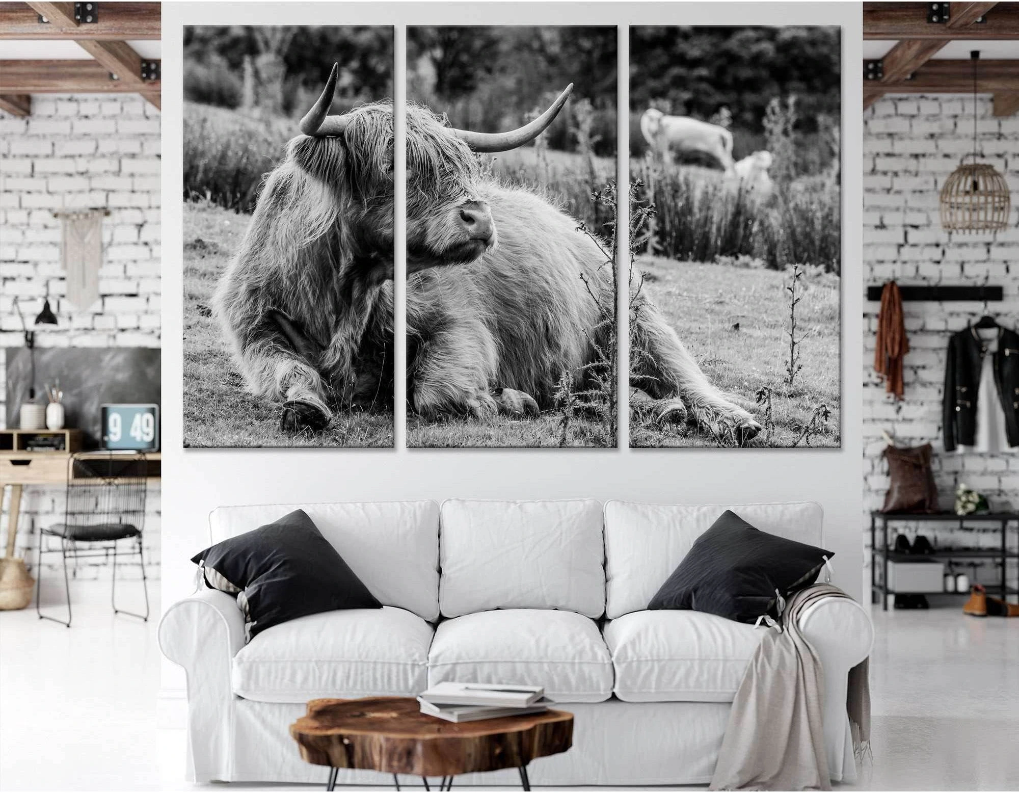 Black & White Highland Cow №04130 Ready to Hang Canvas Print - Zellart Canvas Prints ALL_Products, Cow