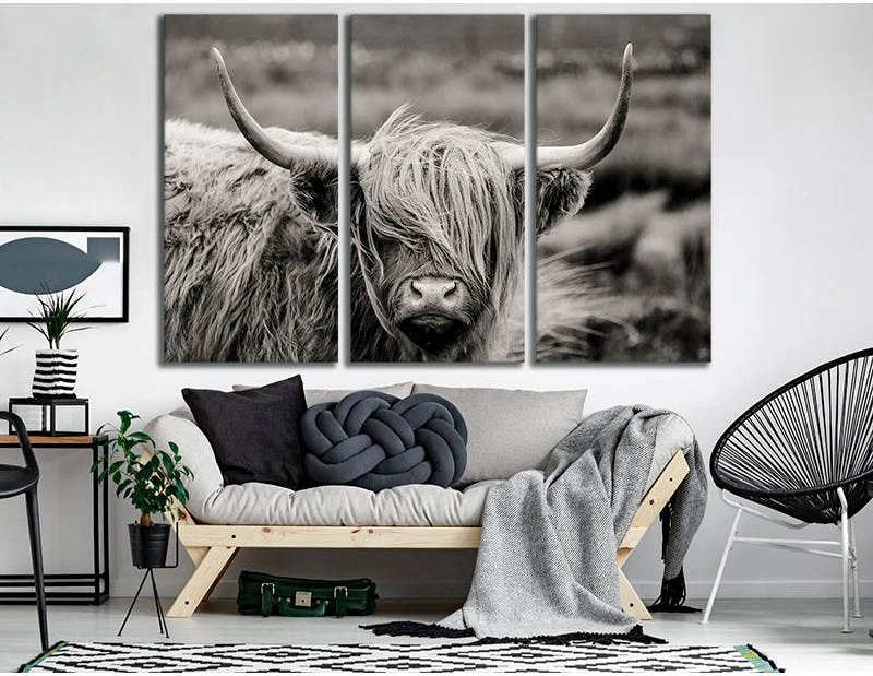 Black and White Highland Cow №04344 Ready to Hang Canvas Print - Zellart Canvas Prints ALL_Products, Cow