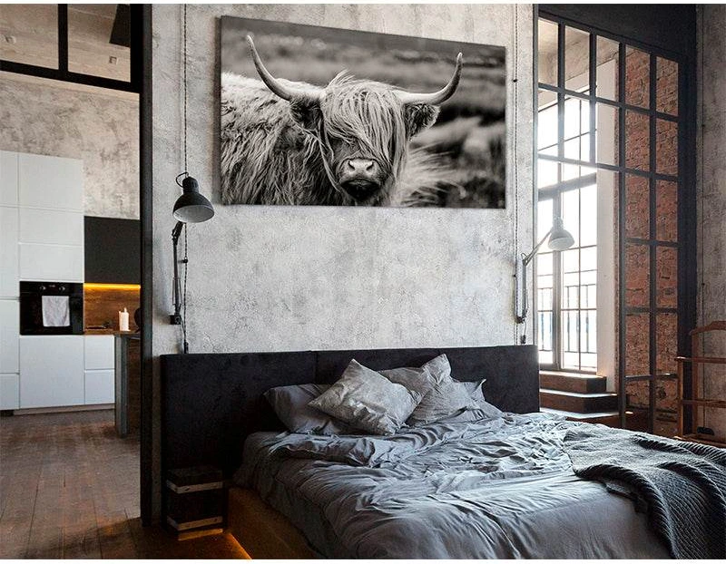 Black and White Highland Cow №04344 Ready to Hang Canvas Print - Zellart Canvas Prints ALL_Products, Cow