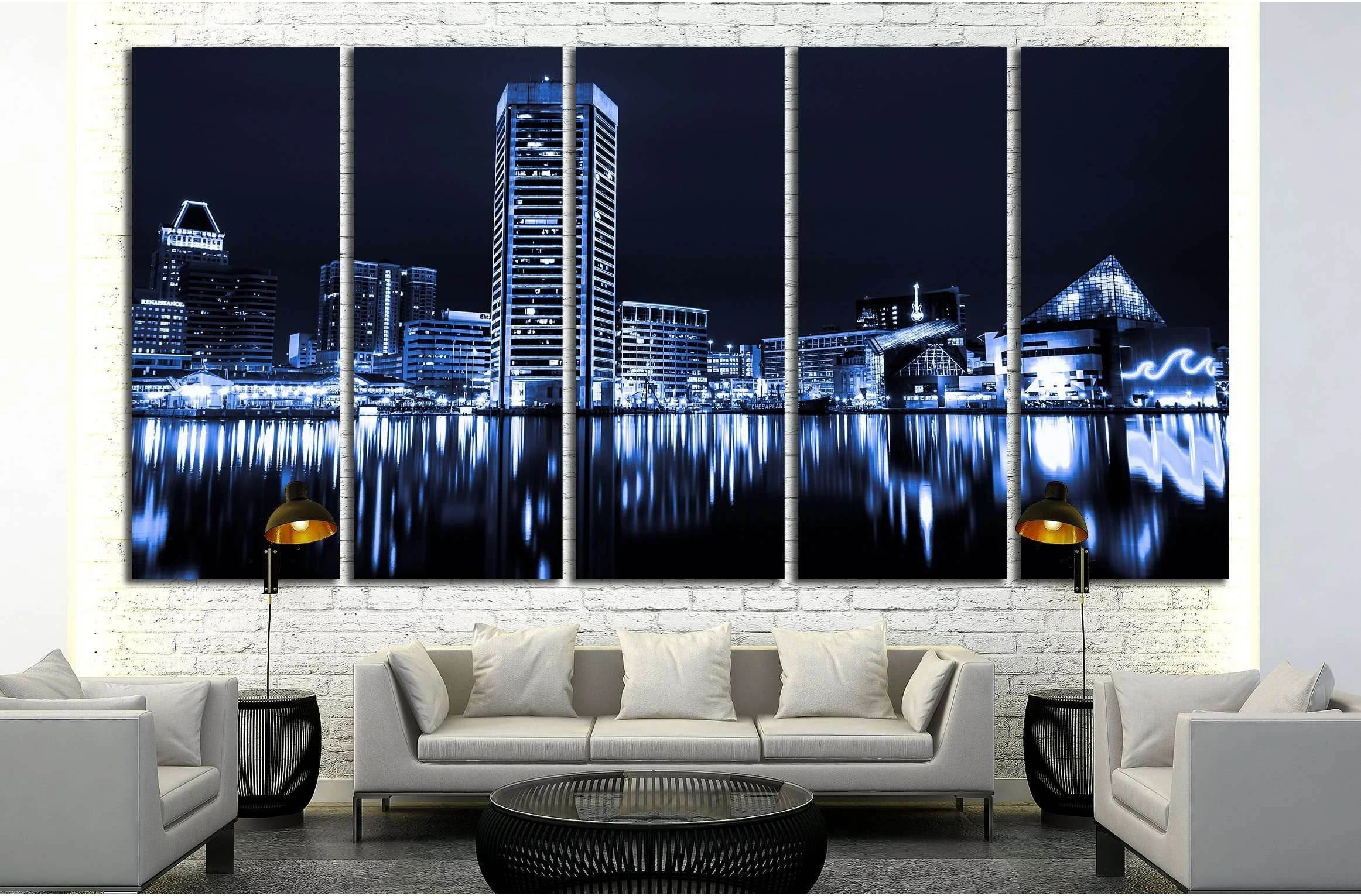 Black and white image of the Baltimore Inner Harbor Skyline at night №2151 Ready to Hang Canvas Print - Zellart Canvas Prints ALL_Products, s-2151