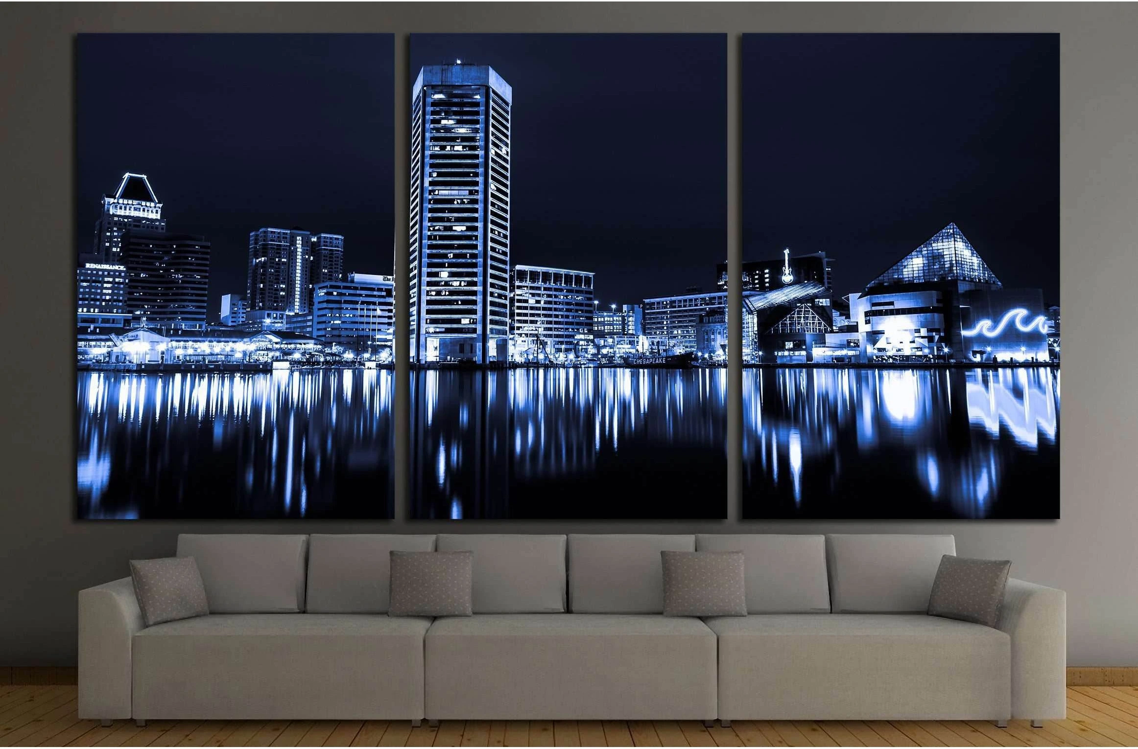Black and white image of the Baltimore Inner Harbor Skyline at night №2151 Ready to Hang Canvas Print - Zellart Canvas Prints ALL_Products, s-2151