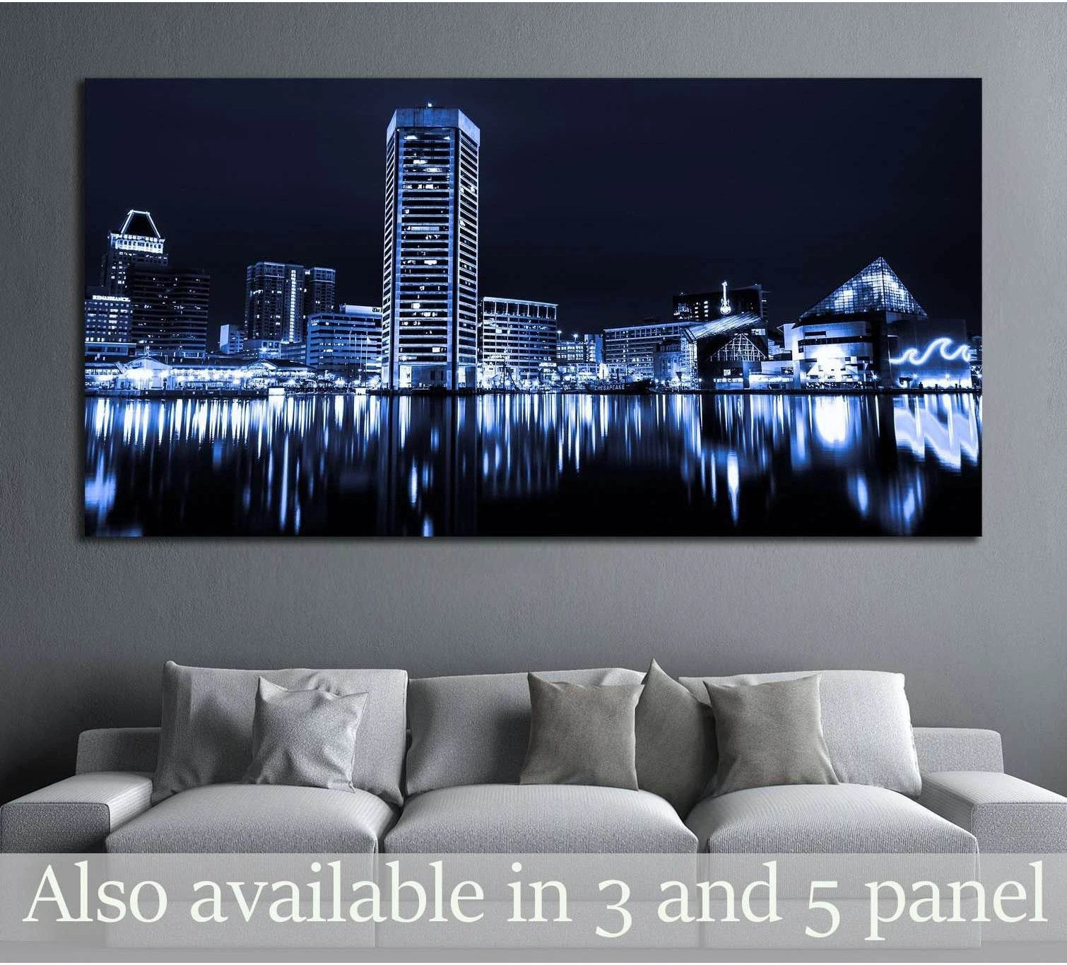 Black and white Baltimore Inner Harbor skyline canvas print at night with waterfront reflections