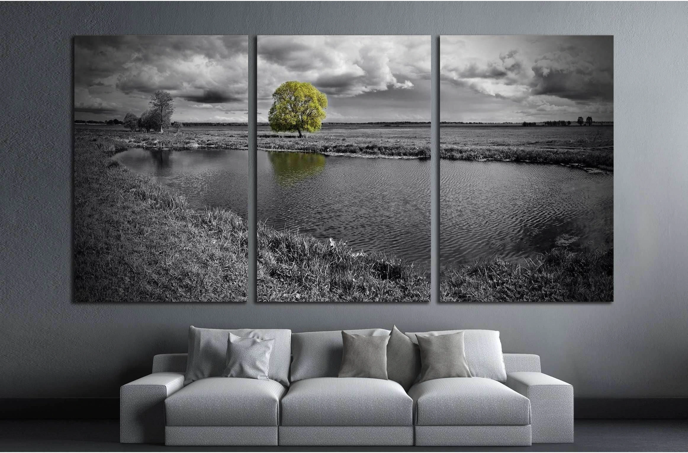 black and white landscape and green tree №2676 Ready to Hang Canvas Print - Zellart Canvas Prints ALL_Products, s-2676