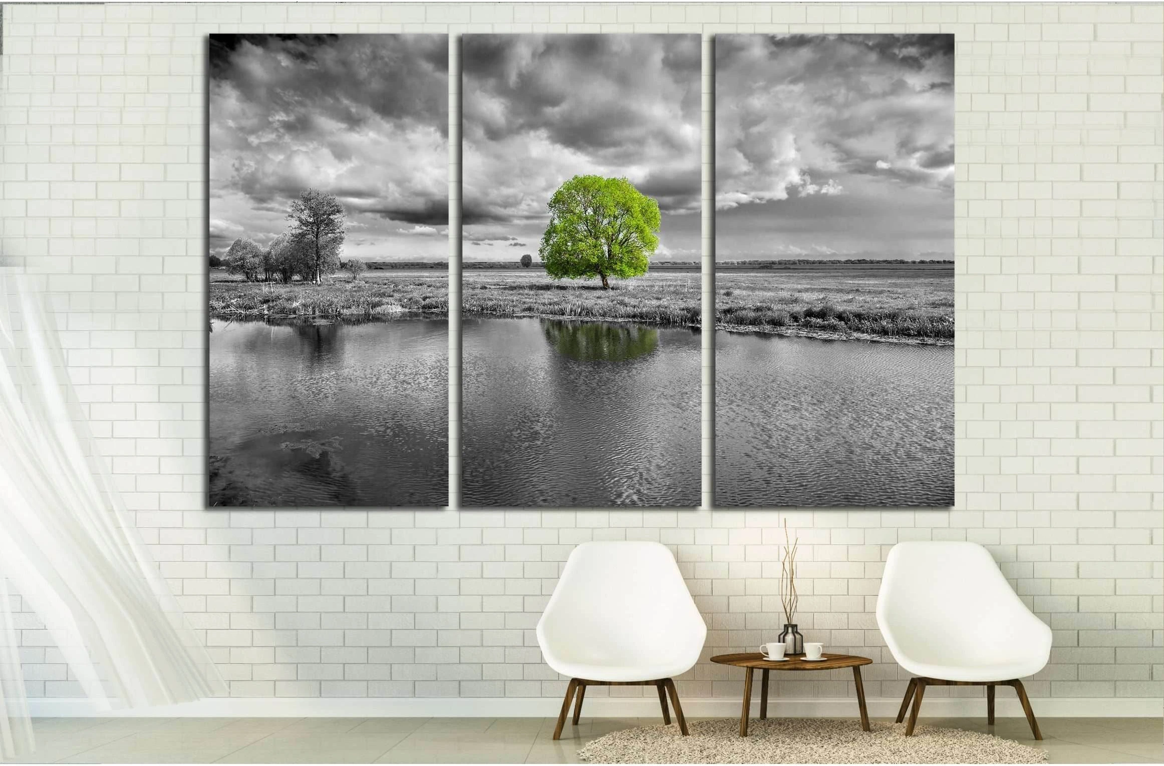 black and white landscape and green tree №2678 Ready to Hang Canvas Print - Zellart Canvas Prints ALL_Products, s-2678