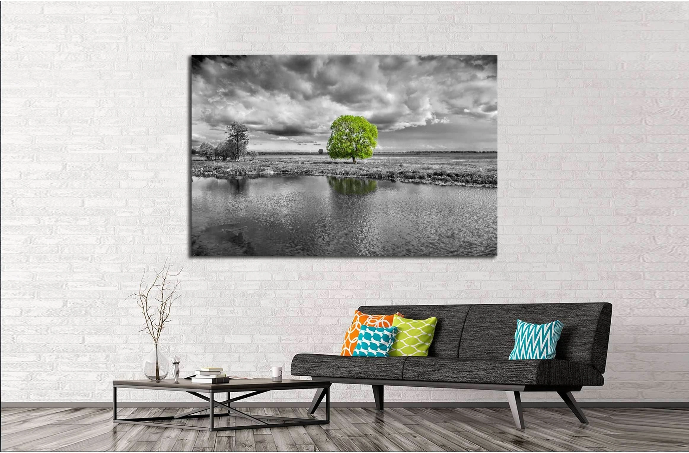 black and white landscape and green tree №2678 Ready to Hang Canvas Print - Zellart Canvas Prints ALL_Products, s-2678