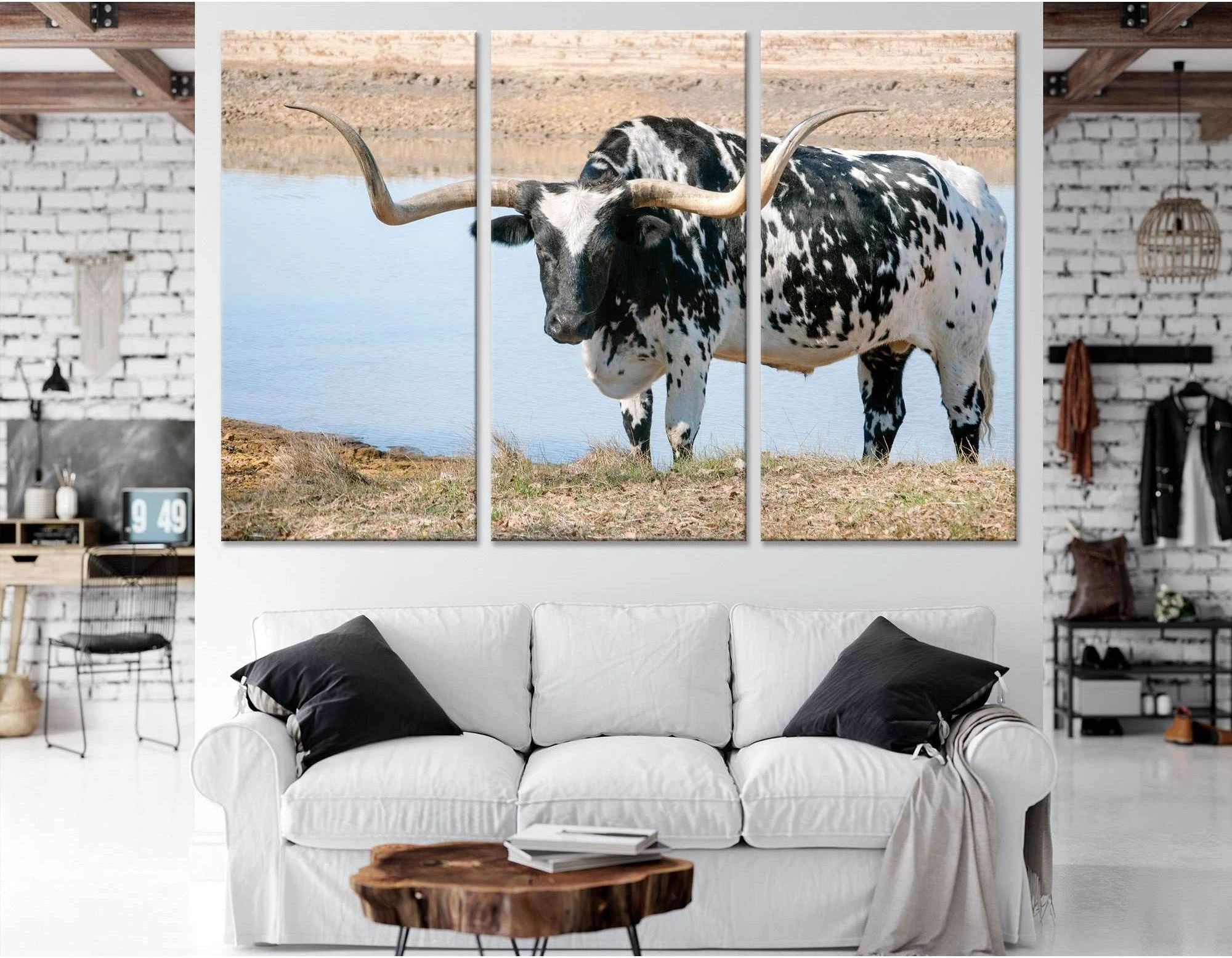 Black and White Longhorn Steer №04135 Ready to Hang Canvas Print - Zellart Canvas Prints 000Negative, ALL_Products