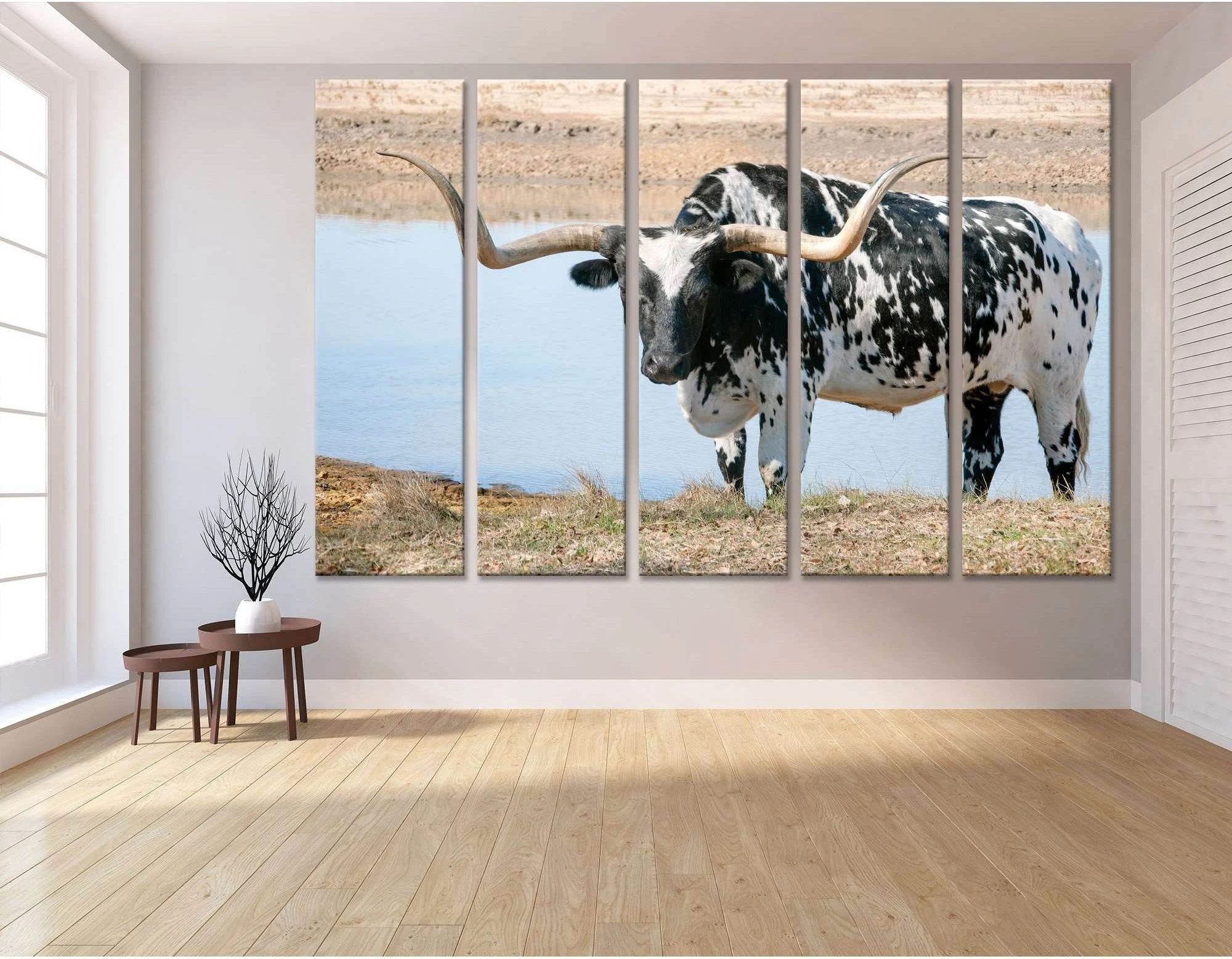 Black and White Longhorn Steer №04135 Ready to Hang Canvas Print - Zellart Canvas Prints 000Negative, ALL_Products