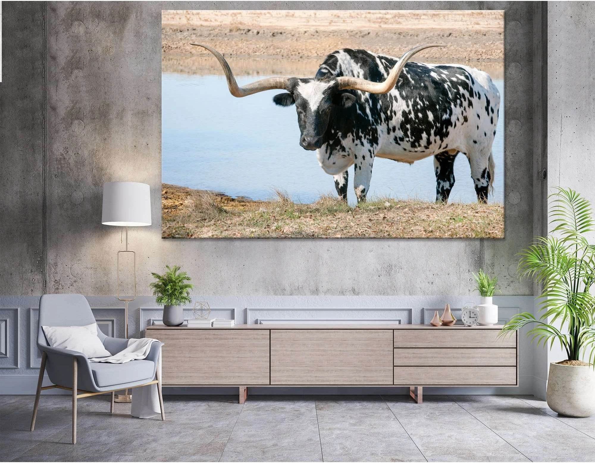 Black and White Longhorn Steer №04135 Ready to Hang Canvas Print - Zellart Canvas Prints 000Negative, ALL_Products