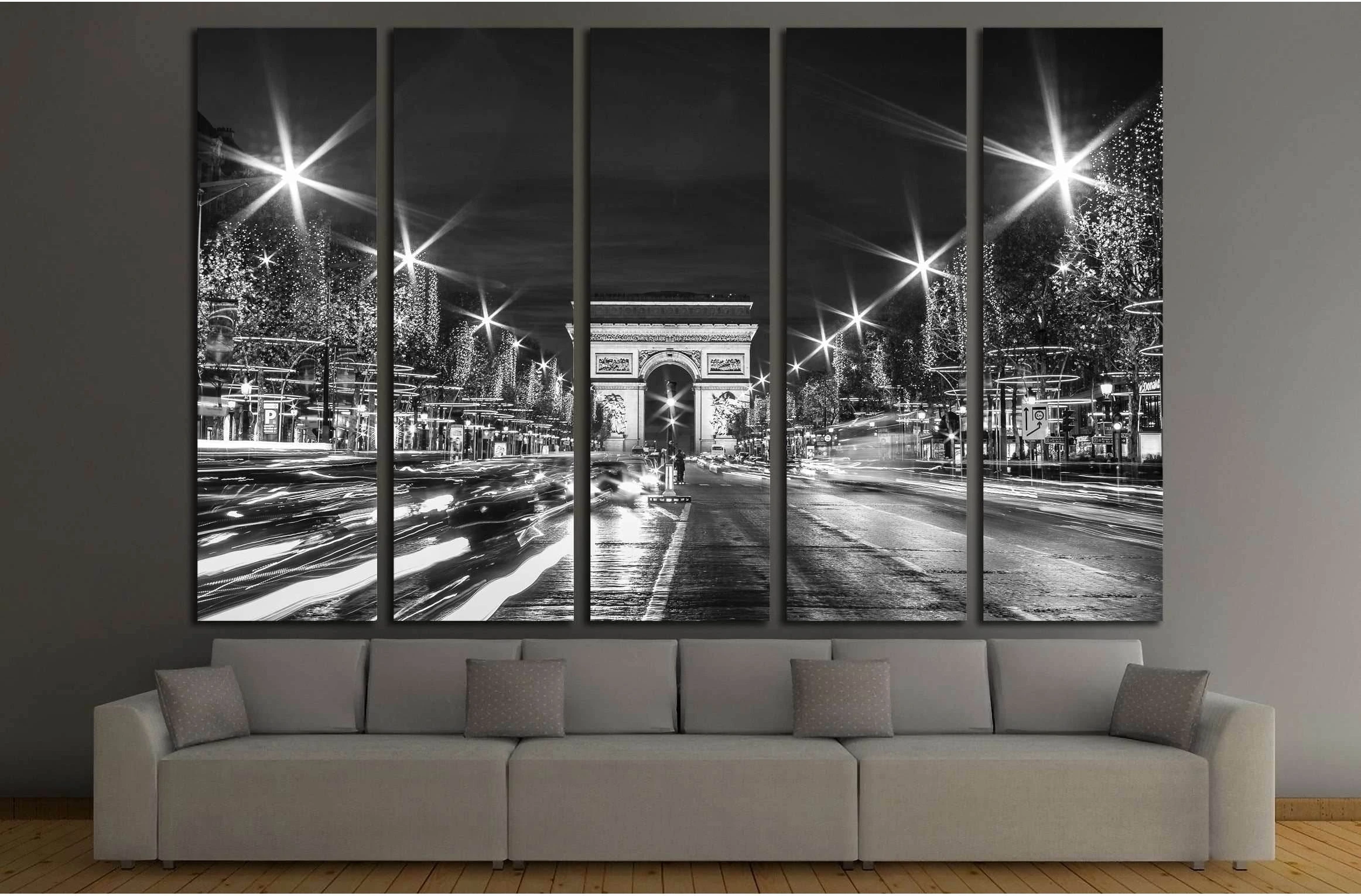 Black and White Paris Evening traffic on Champs-Elysees in front of Arc de Triomphe №2650 Ready to Hang Canvas Print - Zellart Canvas Prints ALL_Products, s-2650