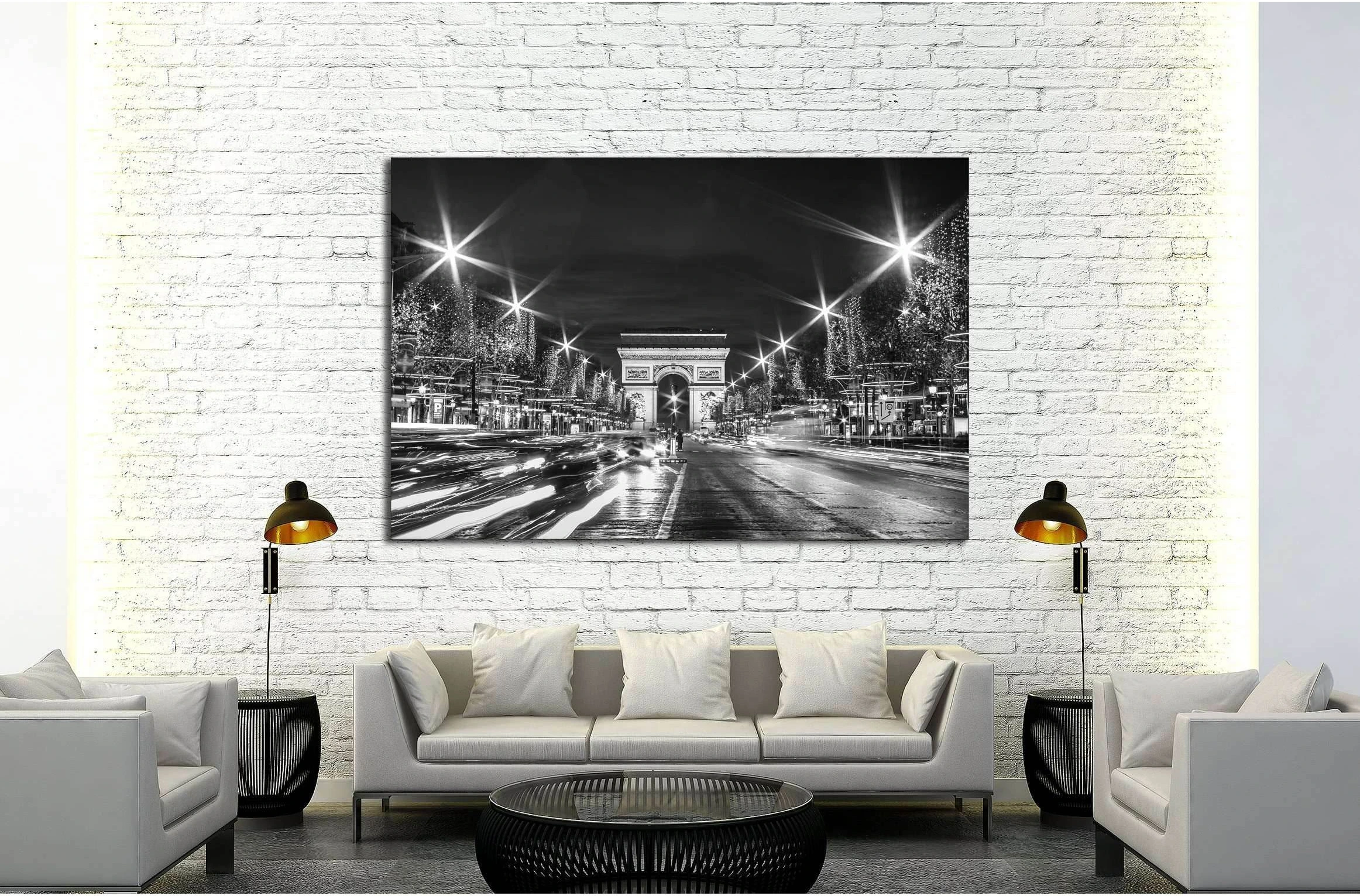 Black and White Paris Evening traffic on Champs-Elysees in front of Arc de Triomphe №2650 Ready to Hang Canvas Print - Zellart Canvas Prints ALL_Products, s-2650