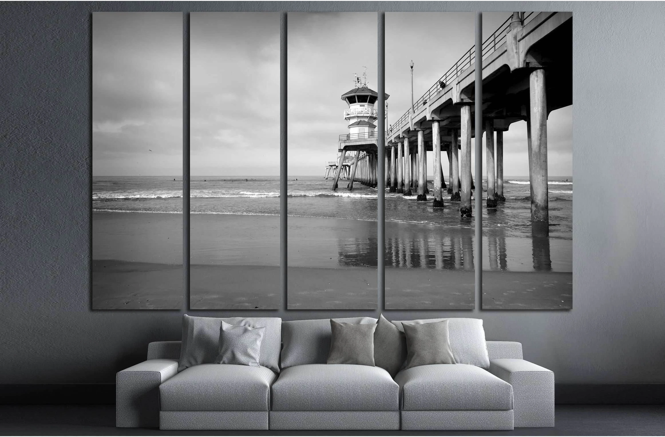 black and white photo of ocean pier with small waves №3209 Ready to Hang Canvas Print - Zellart Canvas Prints ALL_Products, s-3209