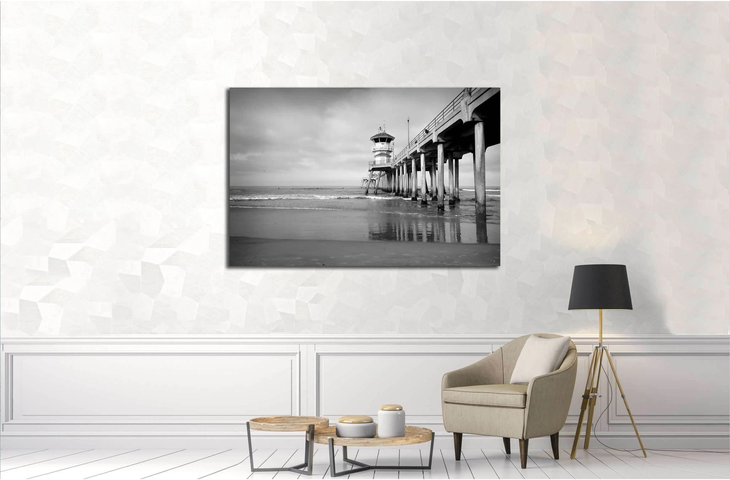 black and white photo of ocean pier with small waves №3209 Ready to Hang Canvas Print - Zellart Canvas Prints ALL_Products, s-3209