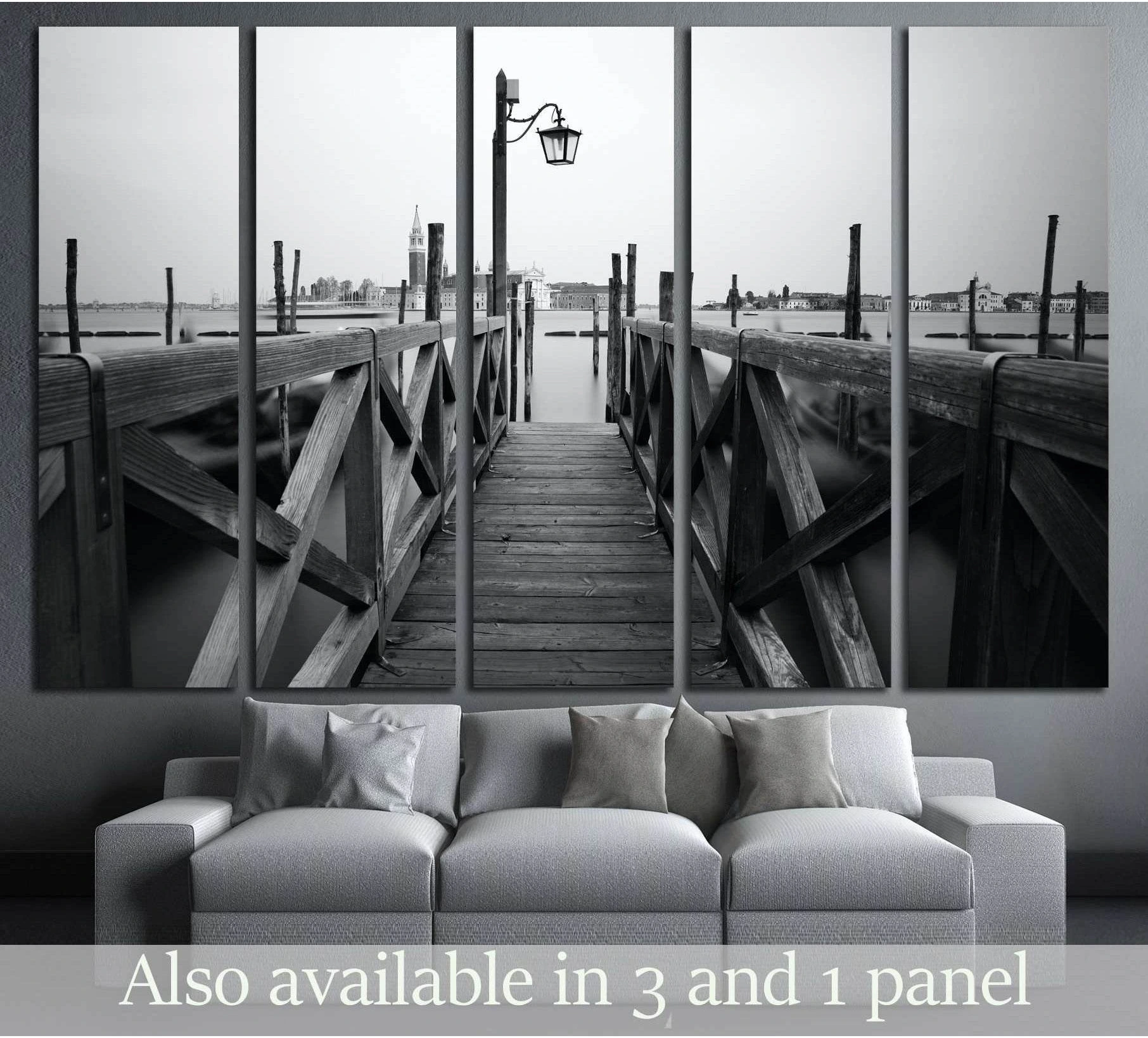 Black and white Venice seafront canvas print with wooden pier and lamppost over the lagoon
