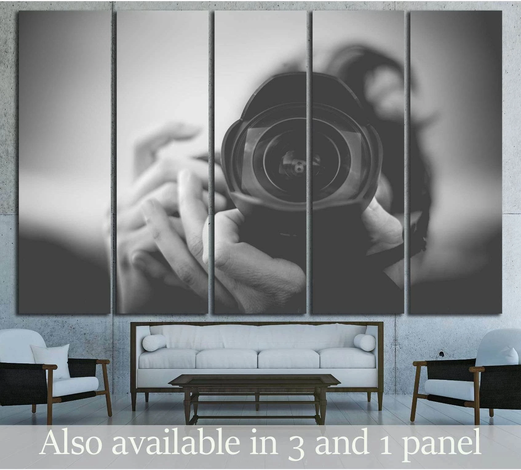 Black and white photographer holding fisheye camera lens canvas print above sofa in modern living room