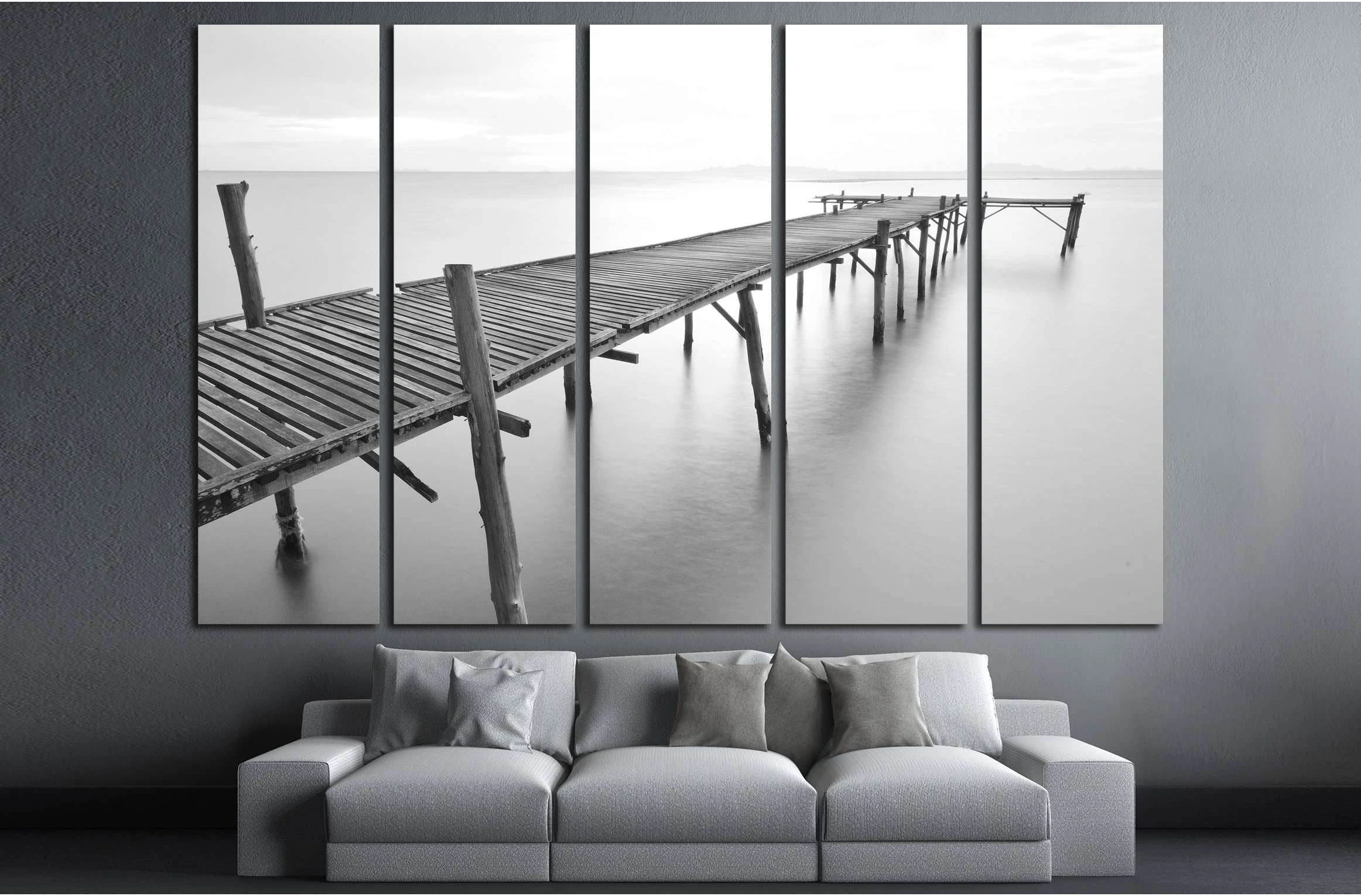 black and white picture of old bridge to the sea. №2672 Ready to Hang Canvas Print - Zellart Canvas Prints ALL_Products, s-2672