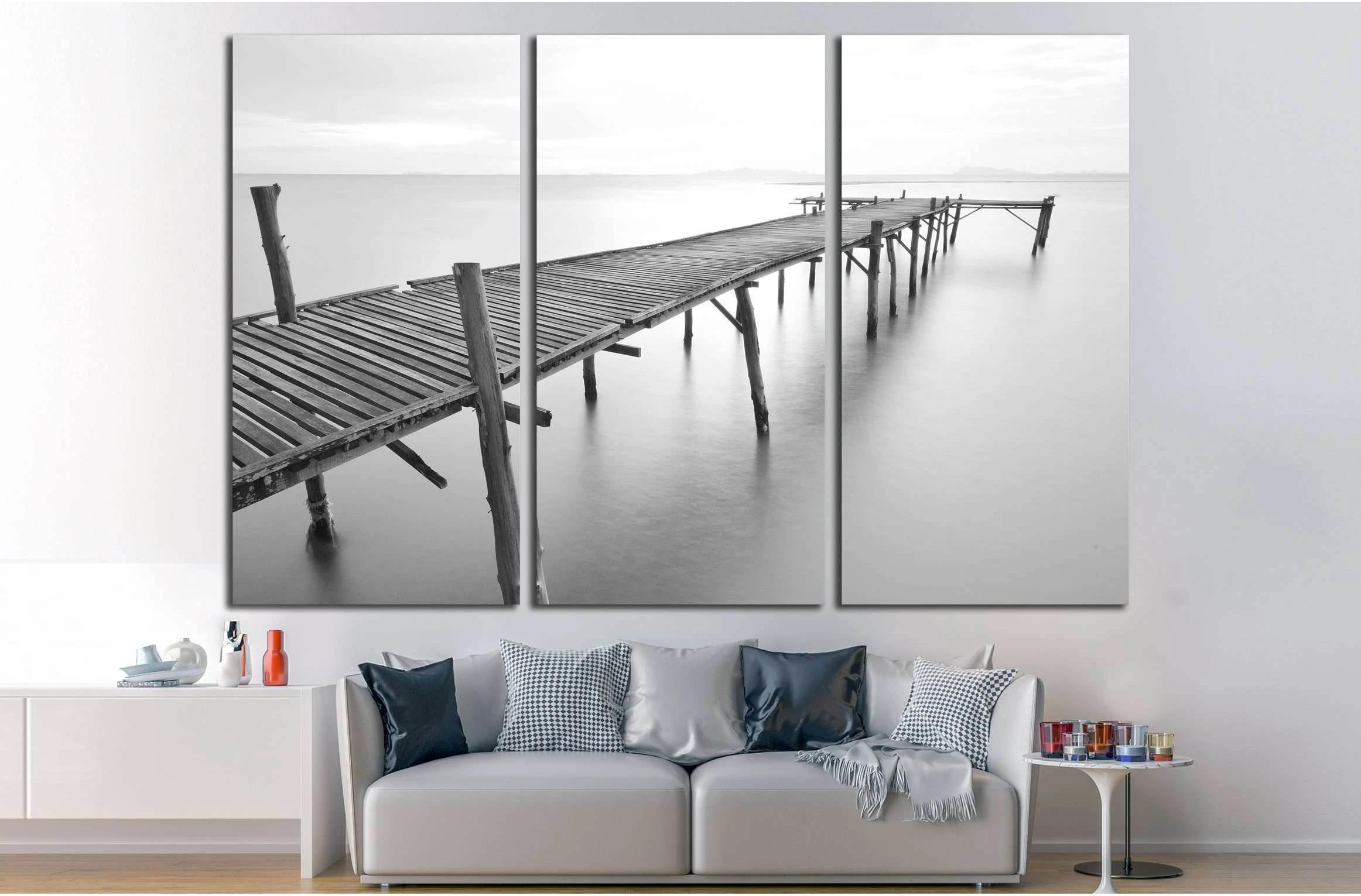 black and white picture of old bridge to the sea. №2672 Ready to Hang Canvas Print - Zellart Canvas Prints ALL_Products, s-2672