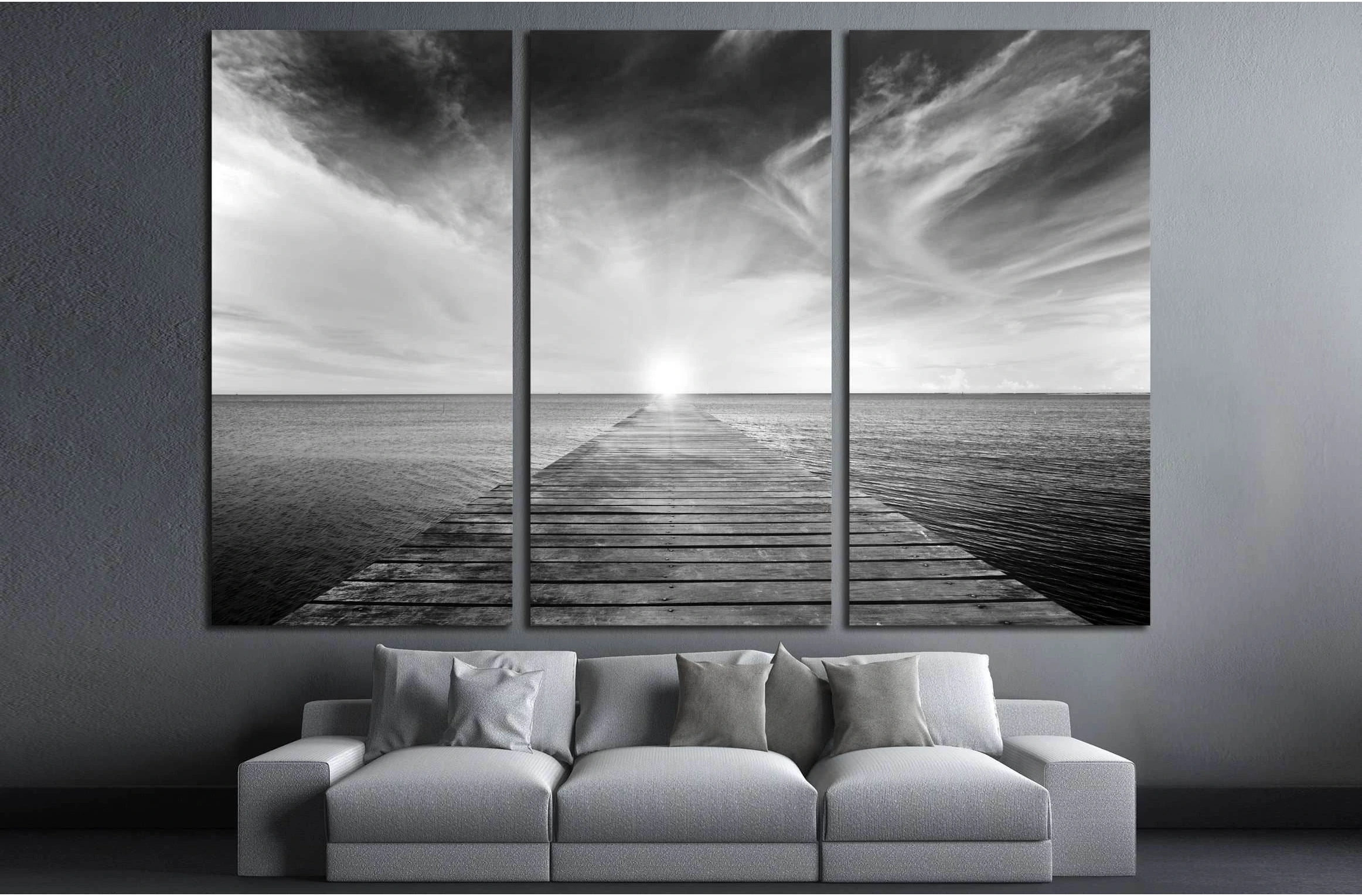 black and white picture of old bridge to the sea