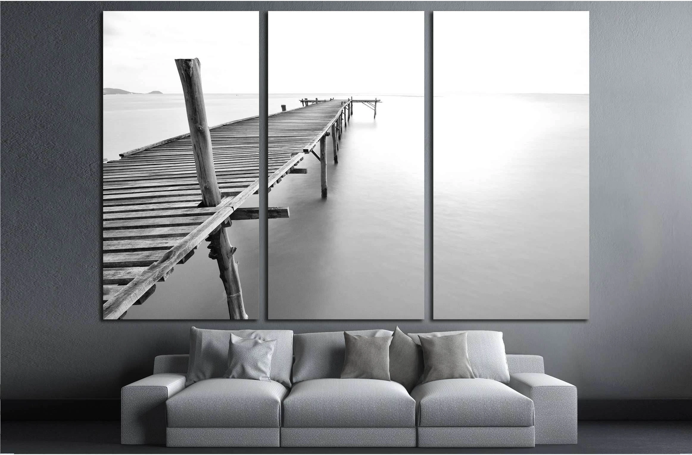 black and white picture of old bridge to the sea №3123 Ready to Hang Canvas Print - Zellart Canvas Prints ALL_Products, s-3123