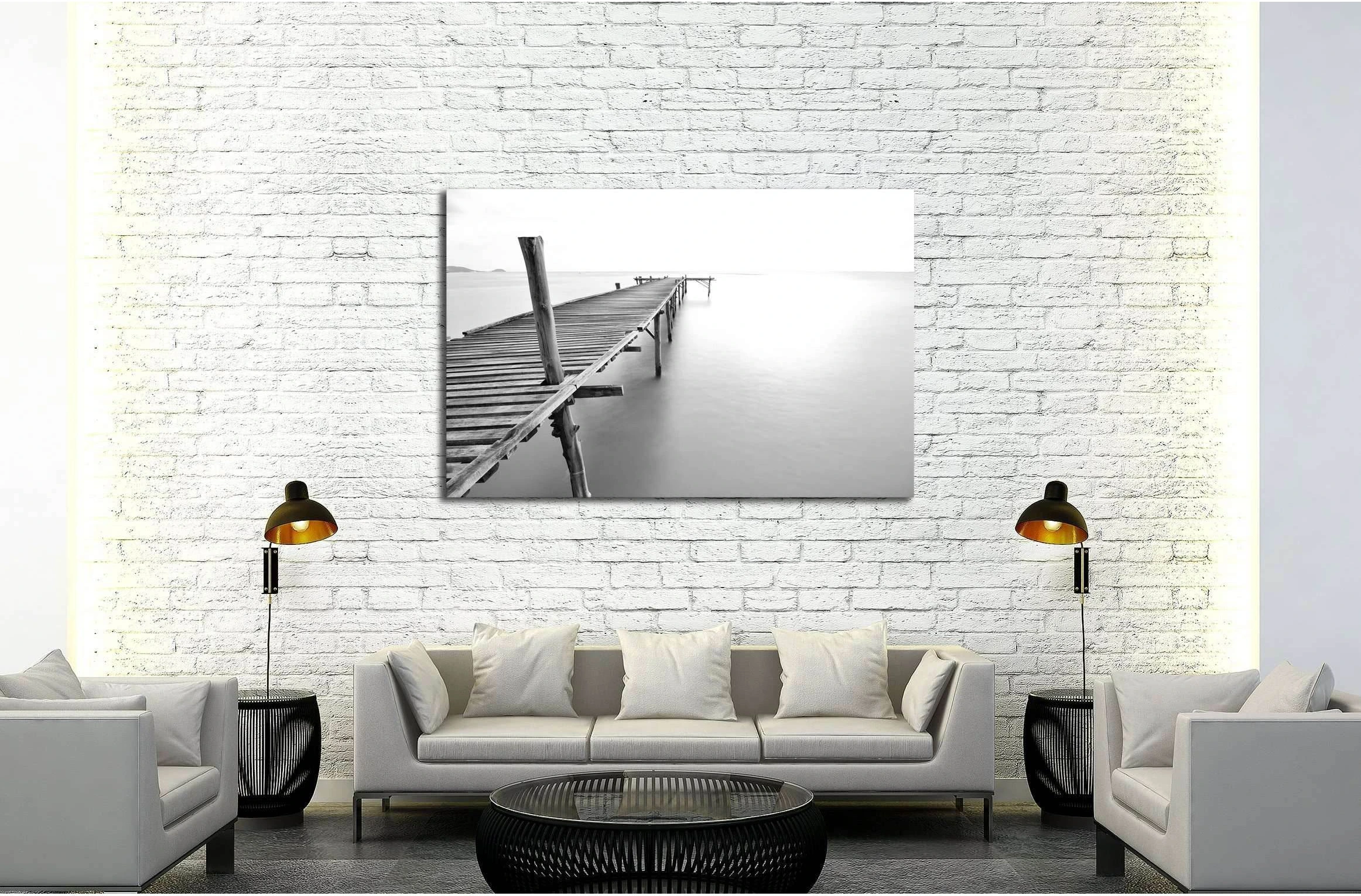 black and white picture of old bridge to the sea №3123 Ready to Hang Canvas Print - Zellart Canvas Prints ALL_Products, s-3123