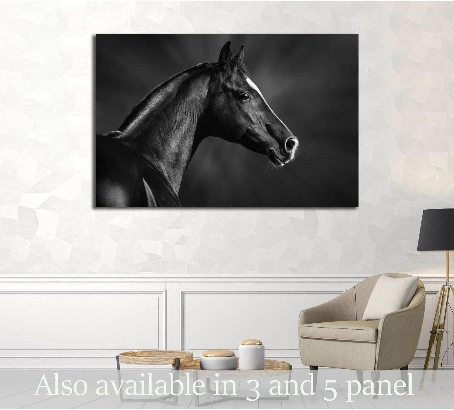 Black and white Arabian horse canvas print displayed above a chair in a neutral modern living room