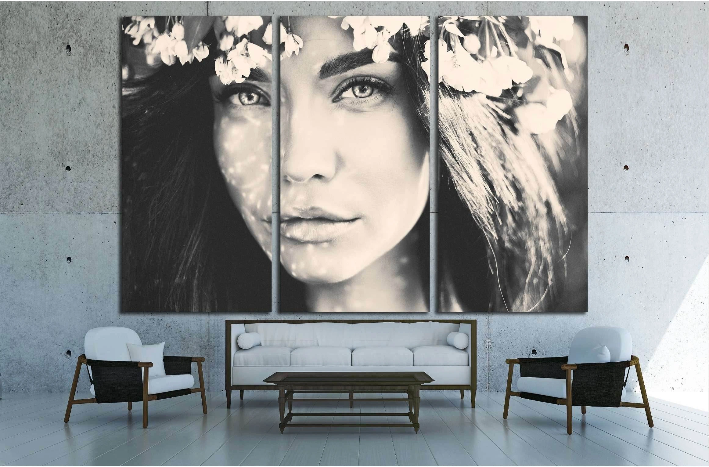 Black and white portrait of beautiful romantic lady in a wreath of apple trees №2778 Ready to Hang Canvas Print - Zellart Canvas Prints ALL_Products, s-2778