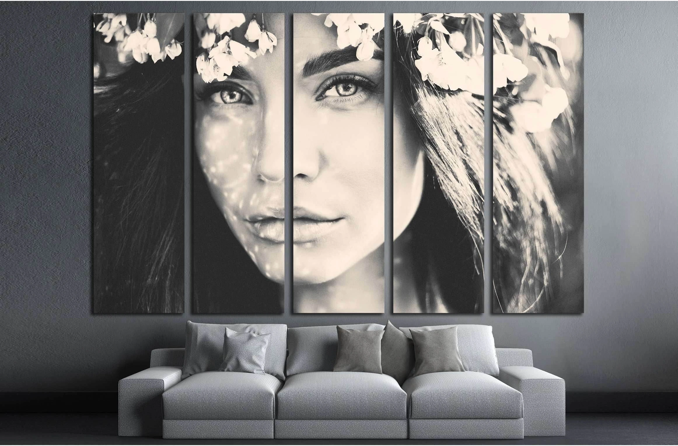 Black and white portrait of beautiful romantic lady in a wreath of apple trees №2778 Ready to Hang Canvas Print - Zellart Canvas Prints ALL_Products, s-2778