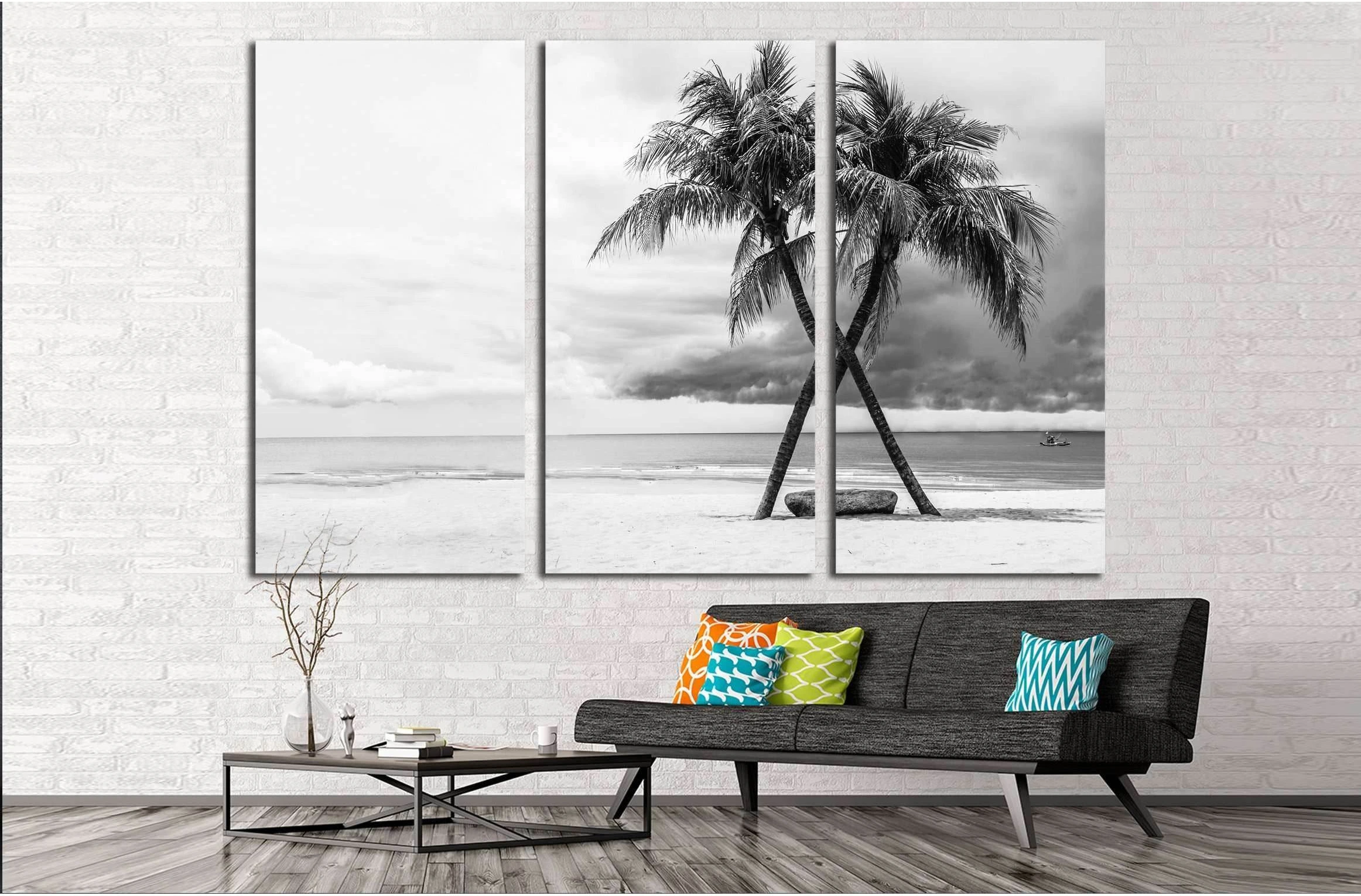 Black & White view of Beautiful beach with palms, Thailand №2863 Ready to Hang Canvas Print - Zellart Canvas Prints ALL_Products, s-2863