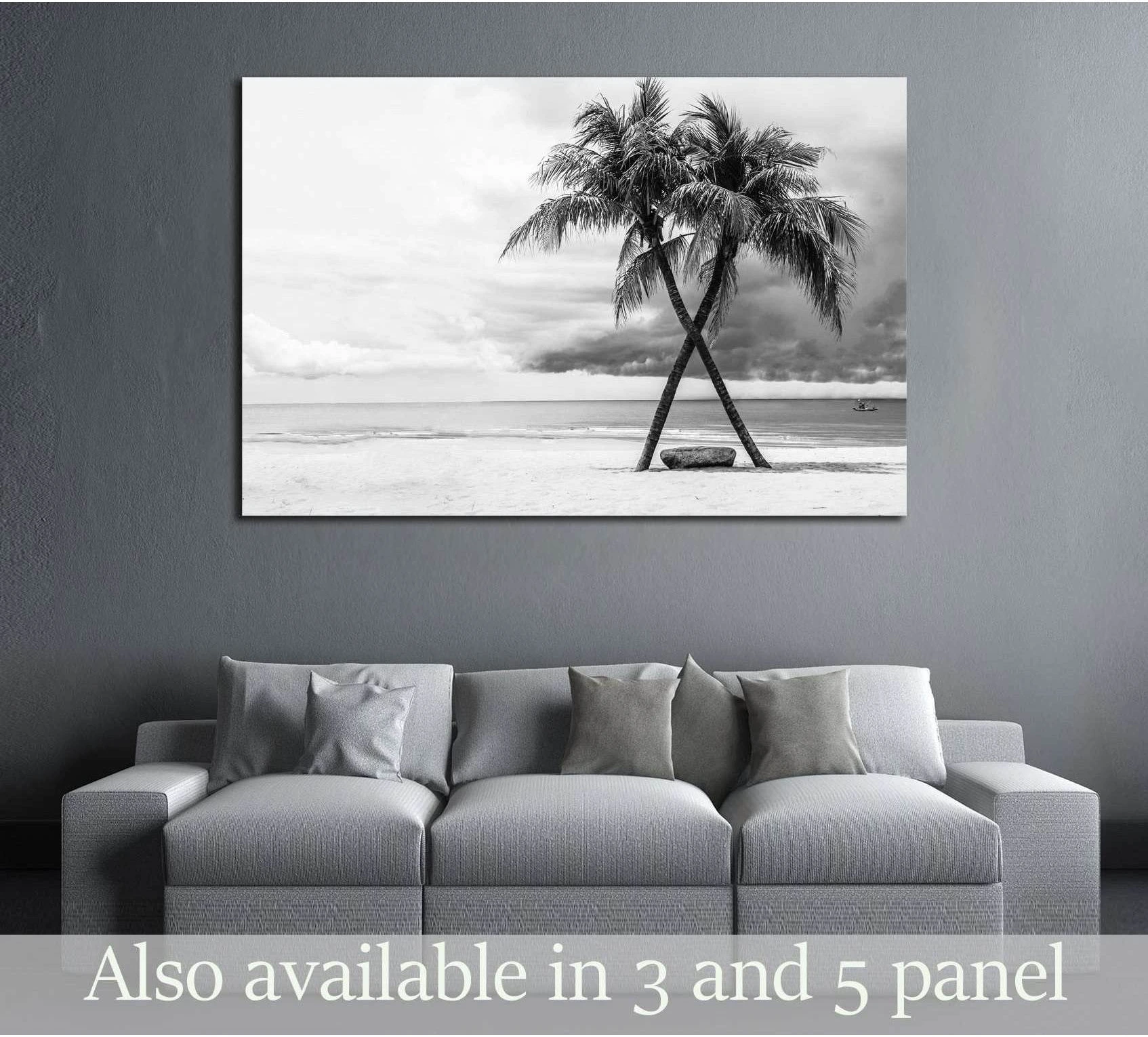 Black & White view of Beautiful beach with palms, Thailand showing sea water, shoreline and horizon depth.