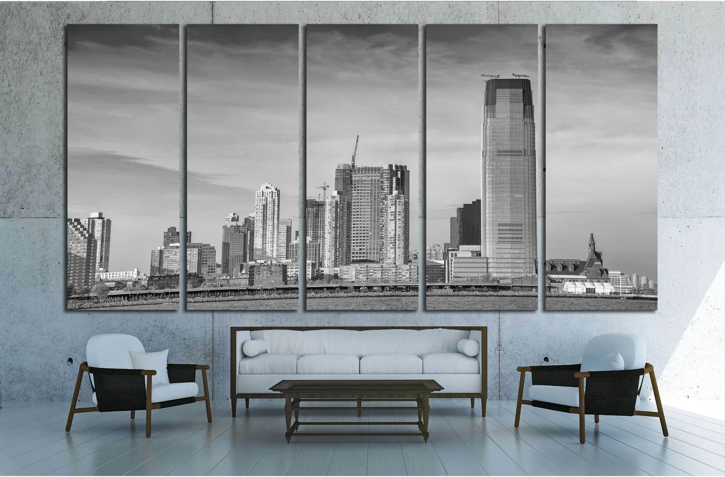 Black and white view of Jersey City skyline №1709 Ready to Hang Canvas Print - Zellart Canvas Prints ALL_Products, s-1709