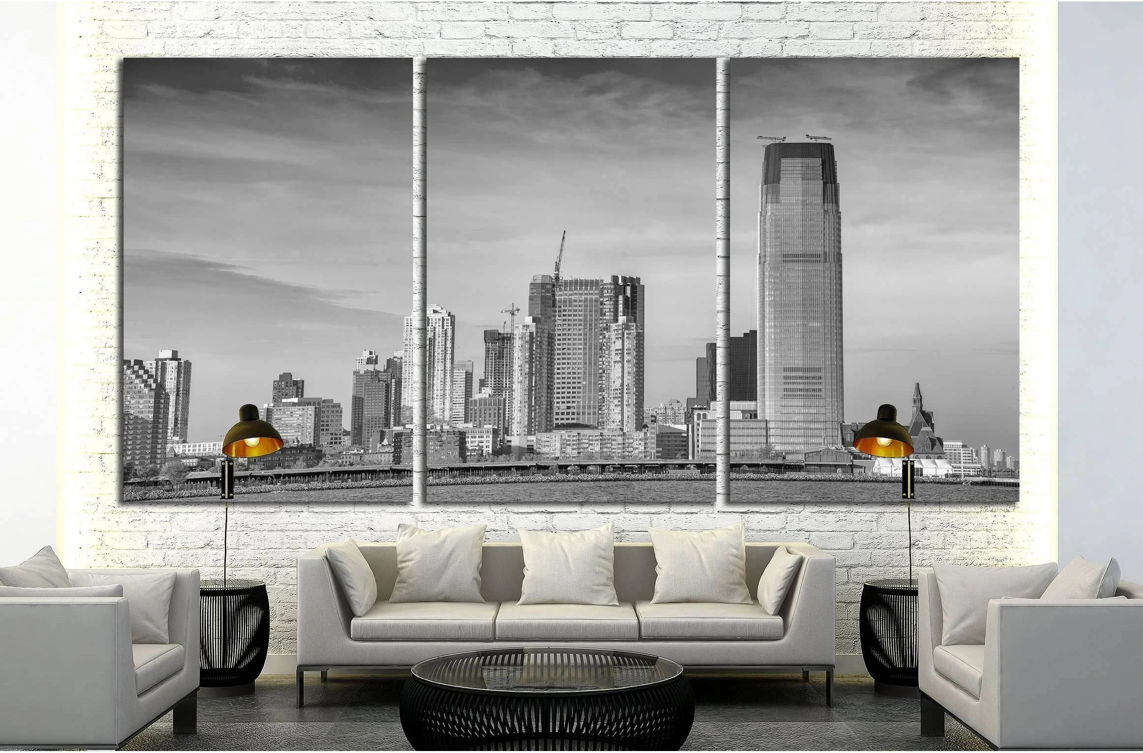 Black and white view of Jersey City skyline №1709 Ready to Hang Canvas Print - Zellart Canvas Prints ALL_Products, s-1709