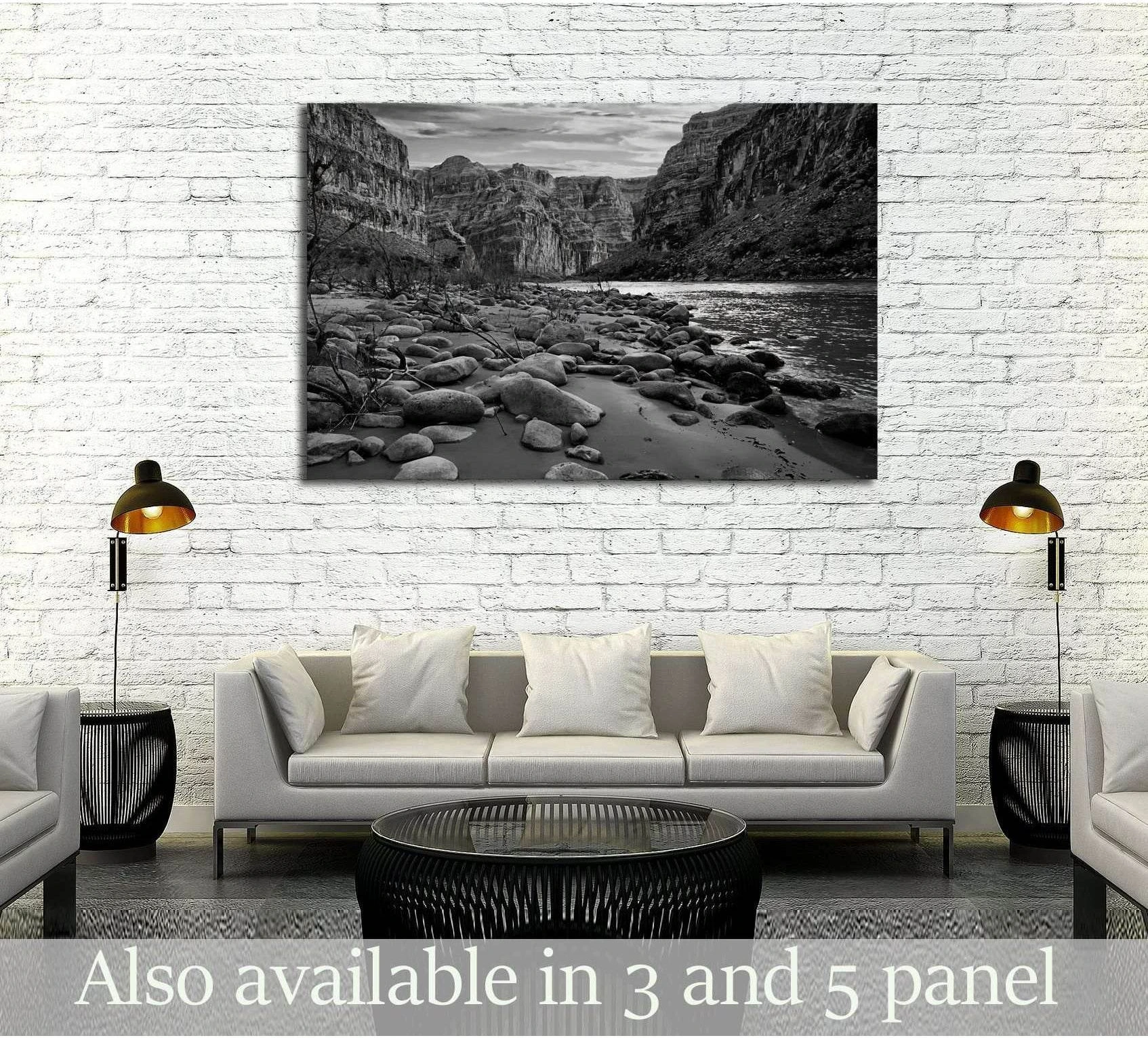 Black and white Grand Canyon canvas print with Colorado River and rocky canyon shoreline